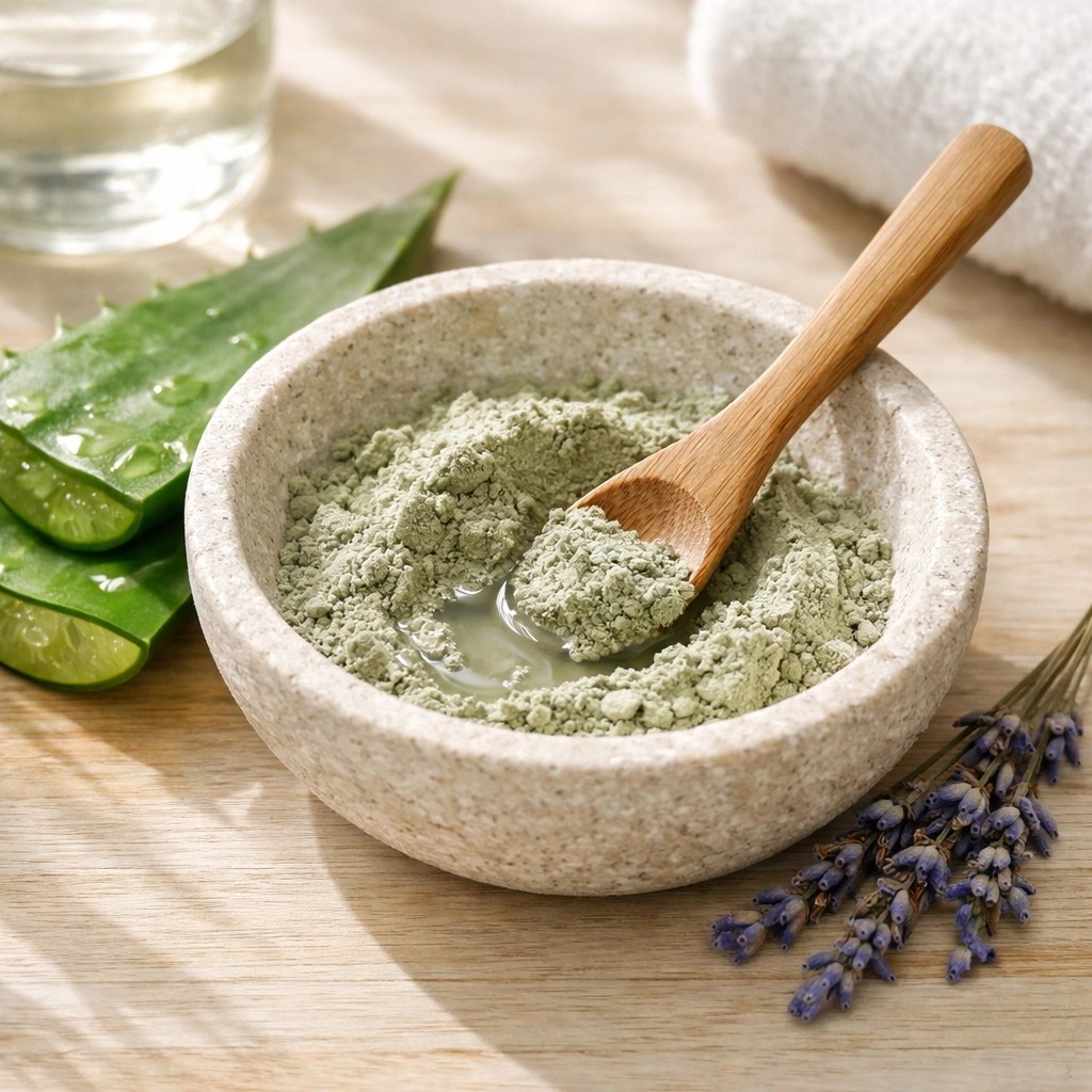 Mixing fine green illite clay powder with soothing aloe vera gel for a sensitive skin face mask ritual.