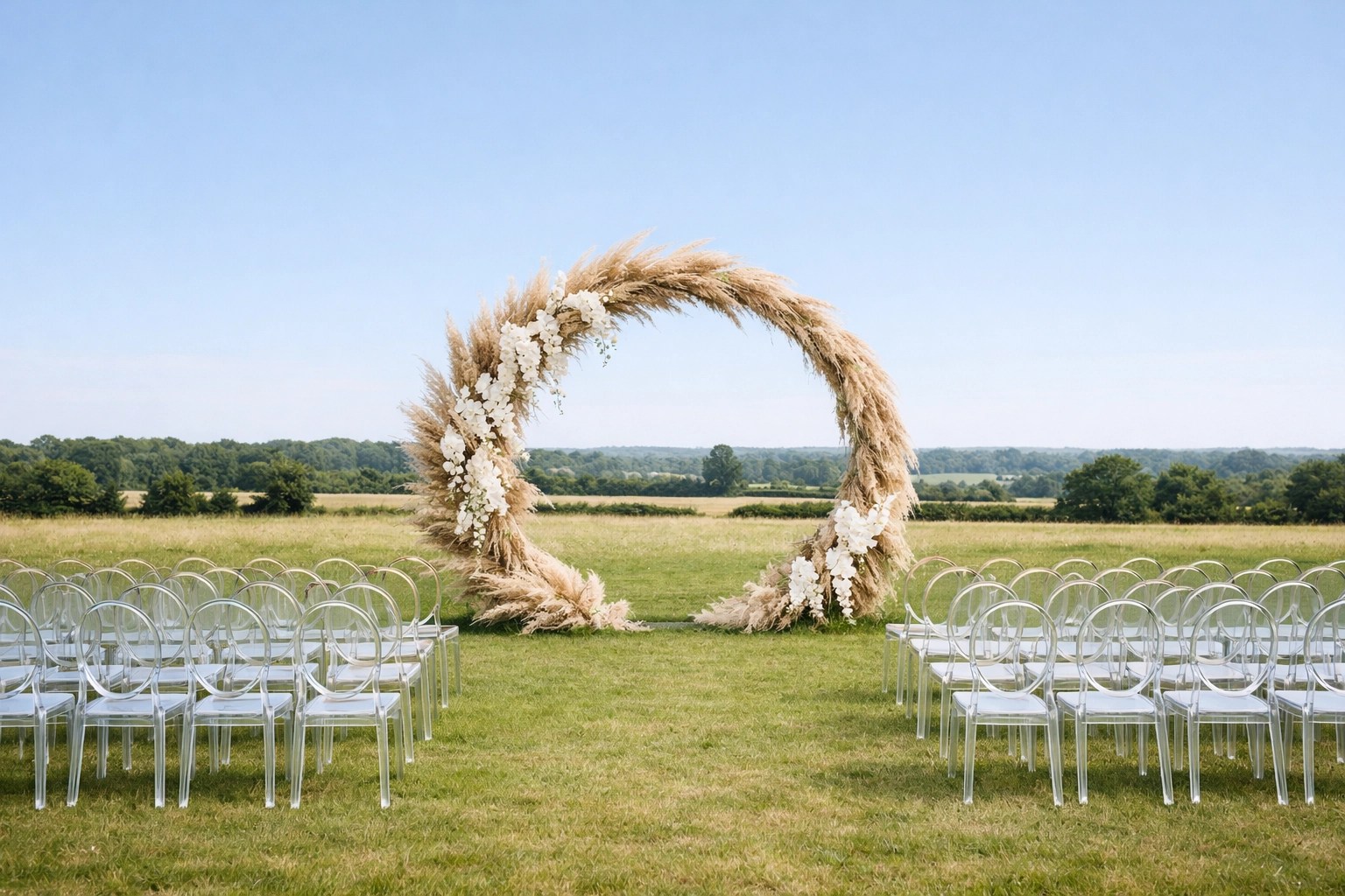 Outdoor Kent wedding ceremony in a meadow with a modern floral moongate and ghost chairs.