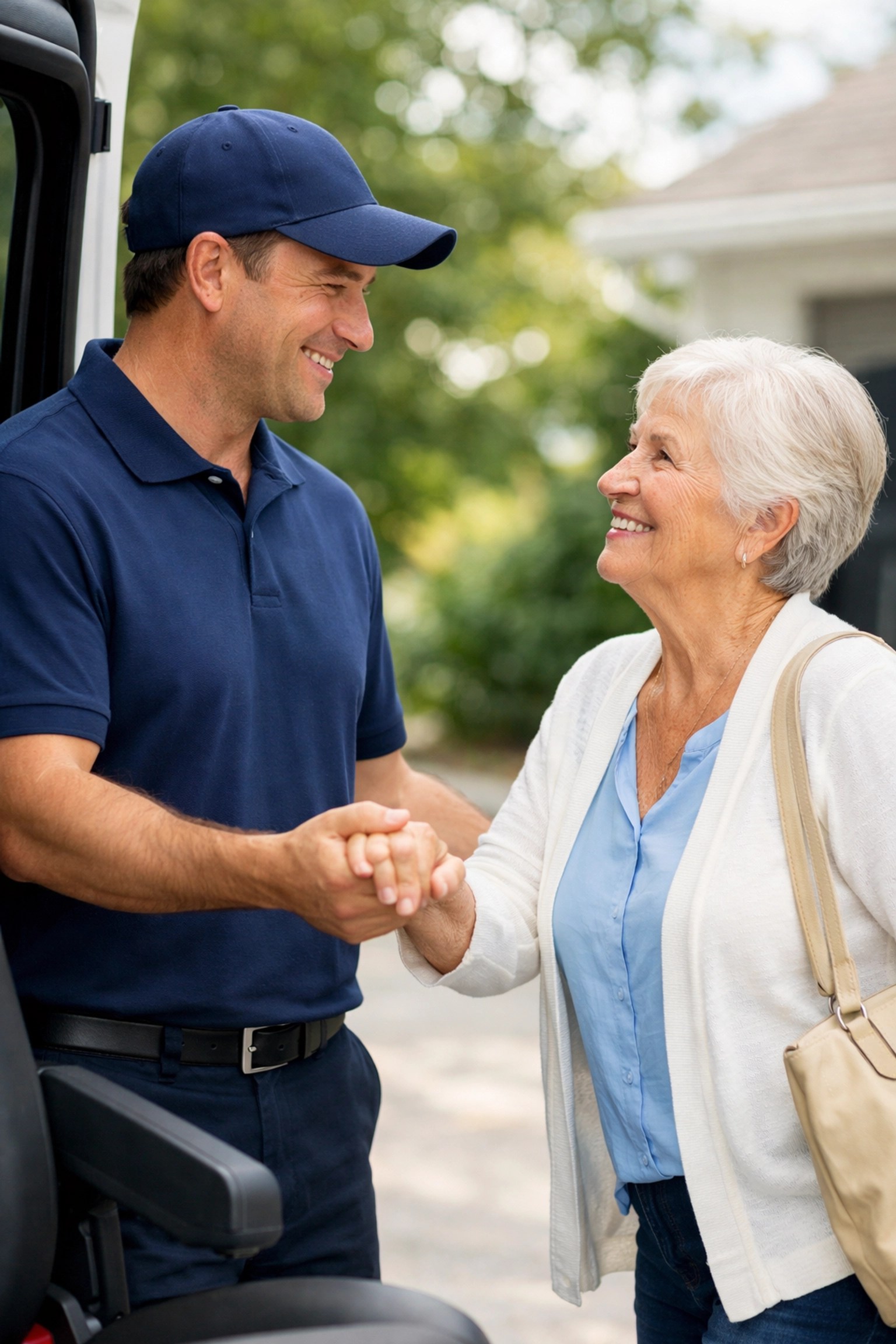 A professional NEMT driver assisting an elderly dialysis patient into a vehicle for reliable medical transport.
