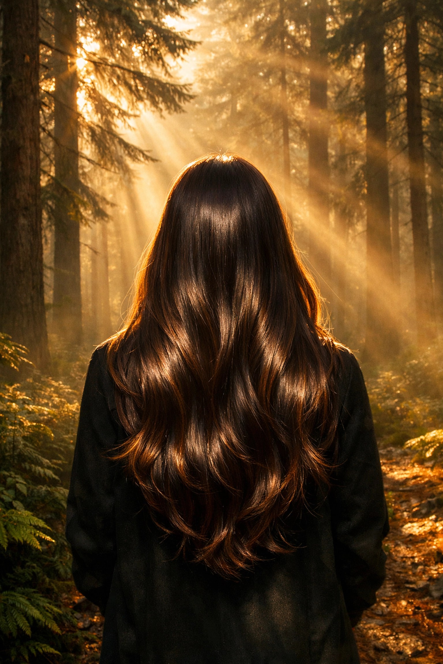 Shiny voluminous hair in a forest representing the results of a natural cedarwood scalp treatment.