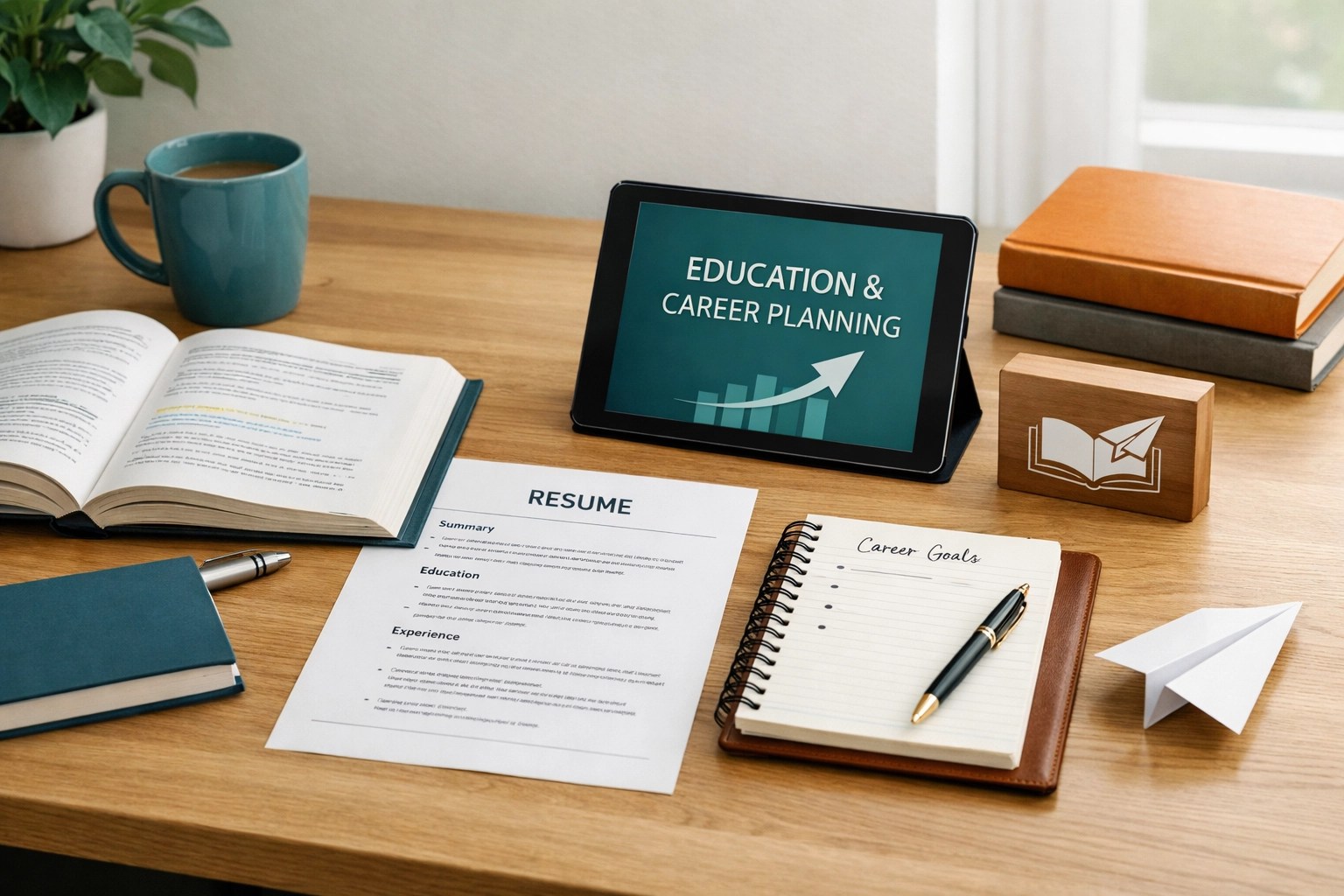 Minimalist student workspace with a textbook, resume, and paper plane, symbolizing leadership and career planning strategies.