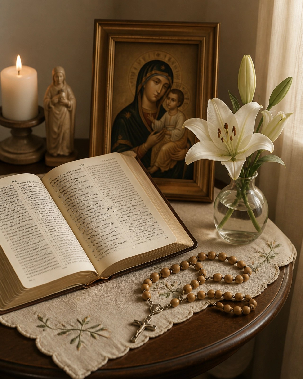 Un rincón de oración en el hogar, preparado para nutrir el alma de la madre reciente.