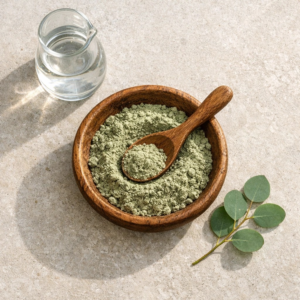 Pure green clay powder in a wooden bowl with a non-metal spoon for safe Clayer preparation.