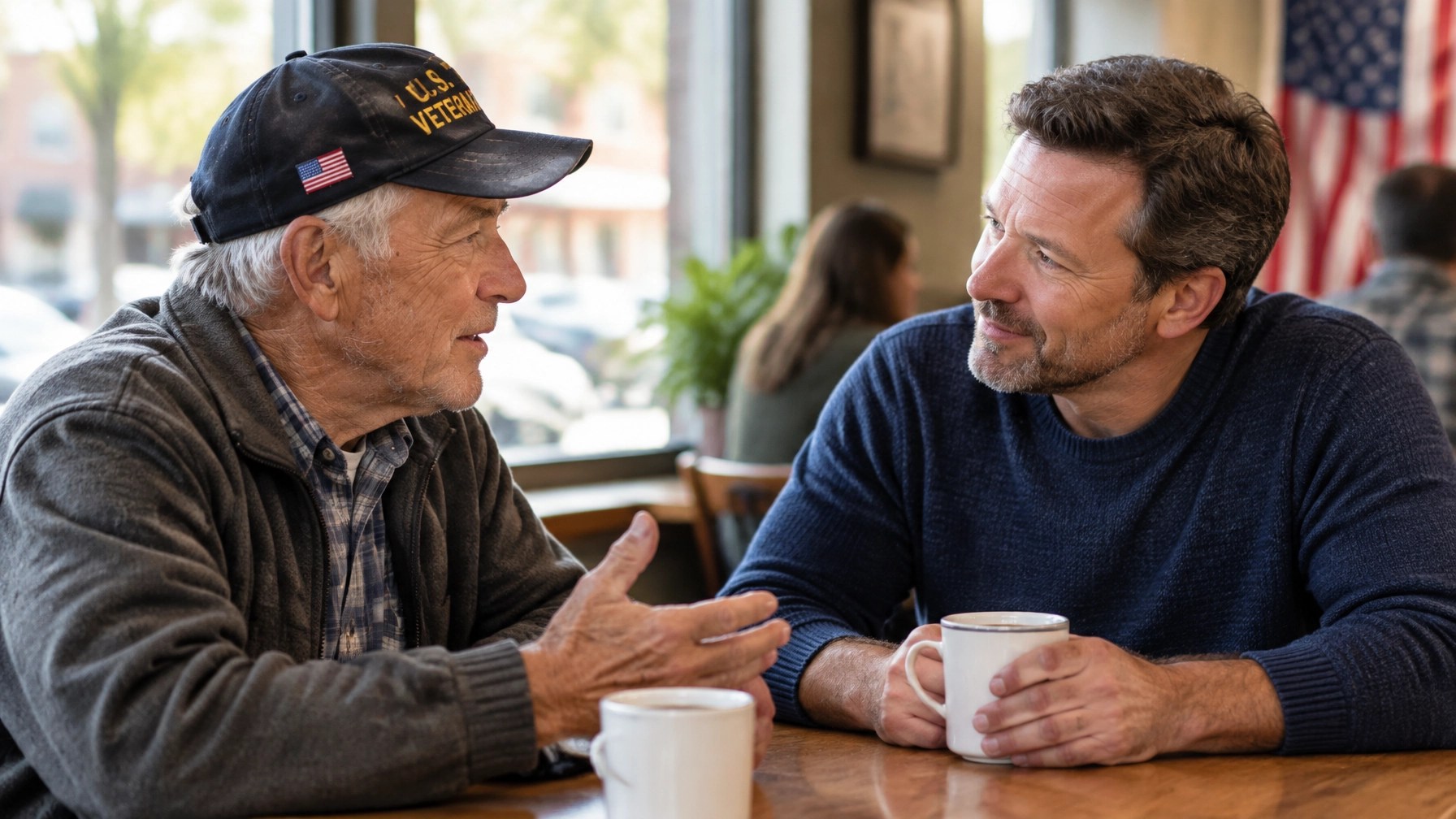 An older veteran and a friend share a thoughtful conversation over coffee in a welcoming community setting.