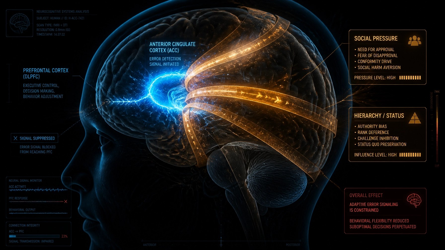 A futuristic, cinematic visualization of a human brain in profile. The Anterior Cingulate Cortex (ACC) is glowing with a sharp, electric blue 'error' signal, like a lightning strike. Surrounding it are amber-colored bands of 'social pressure' and 'hierarchy' that are constricting the blue light, physically suppressing the signal from reaching the prefrontal cortex.