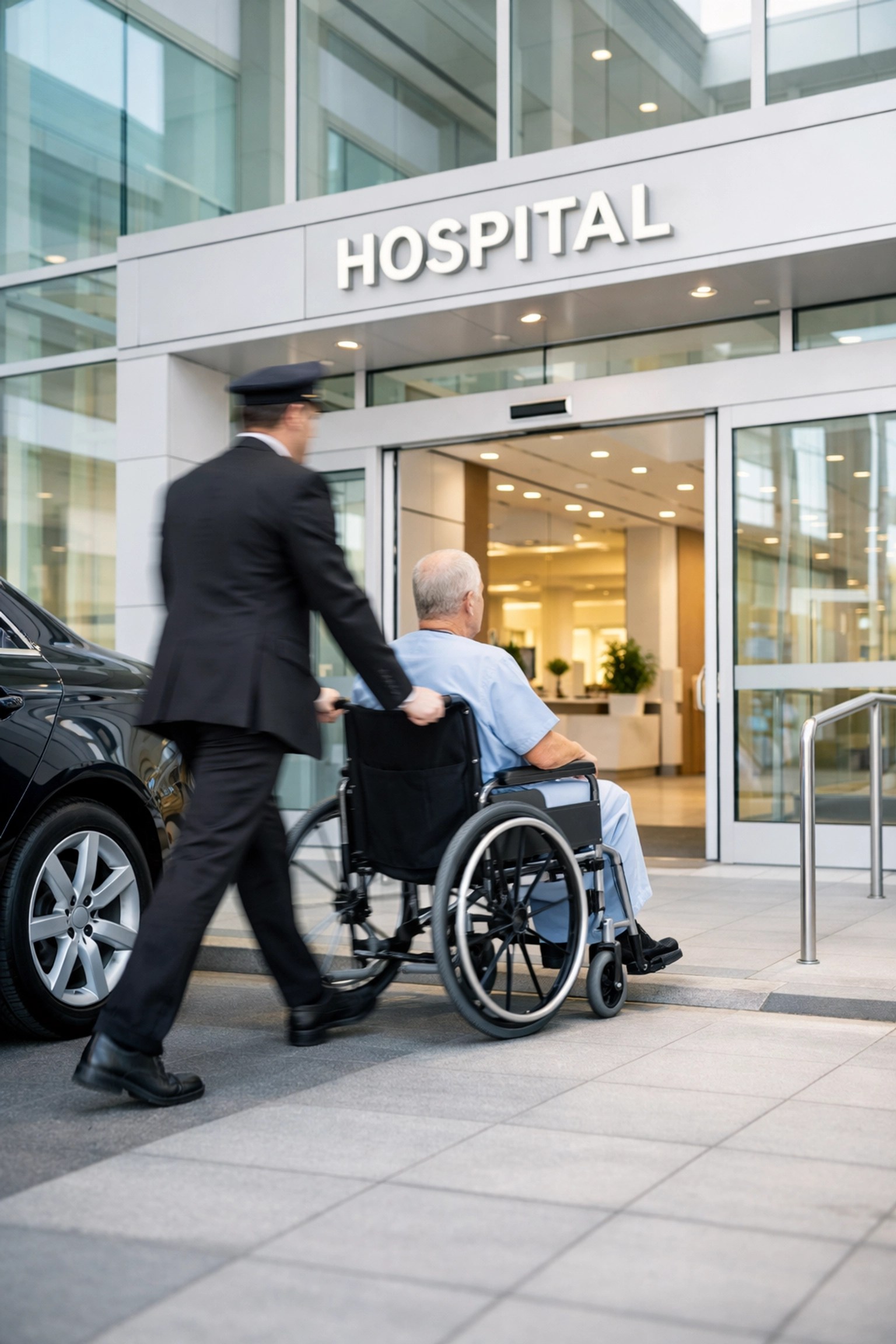 A driver assisting a patient in a wheelchair into a modern hospital for a door-to-door medical ride.