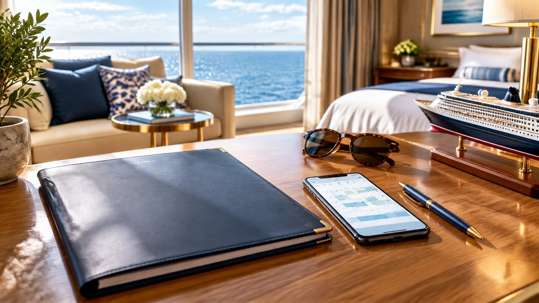 Cruise vacation planning essentials on a desk beside a sunny ocean-view window