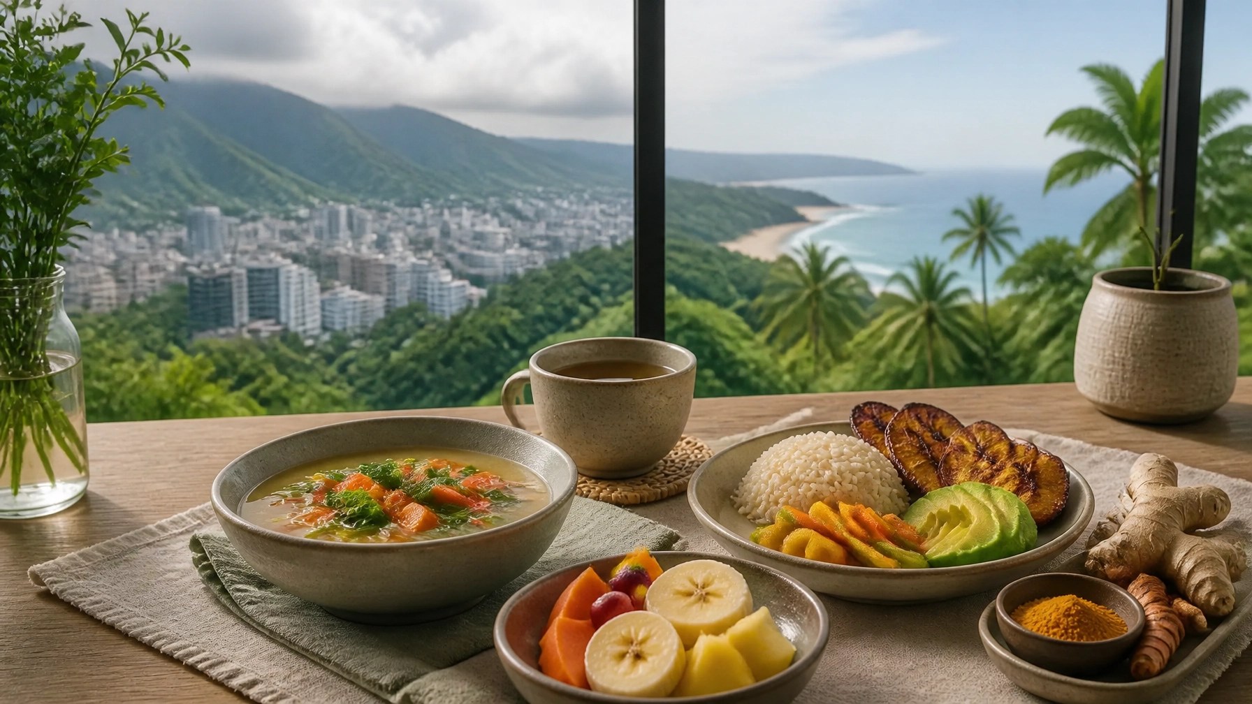 Mesa con sopa de verduras, arroz, plátano, aguacate, frutas locales, jengibre y cúrcuma