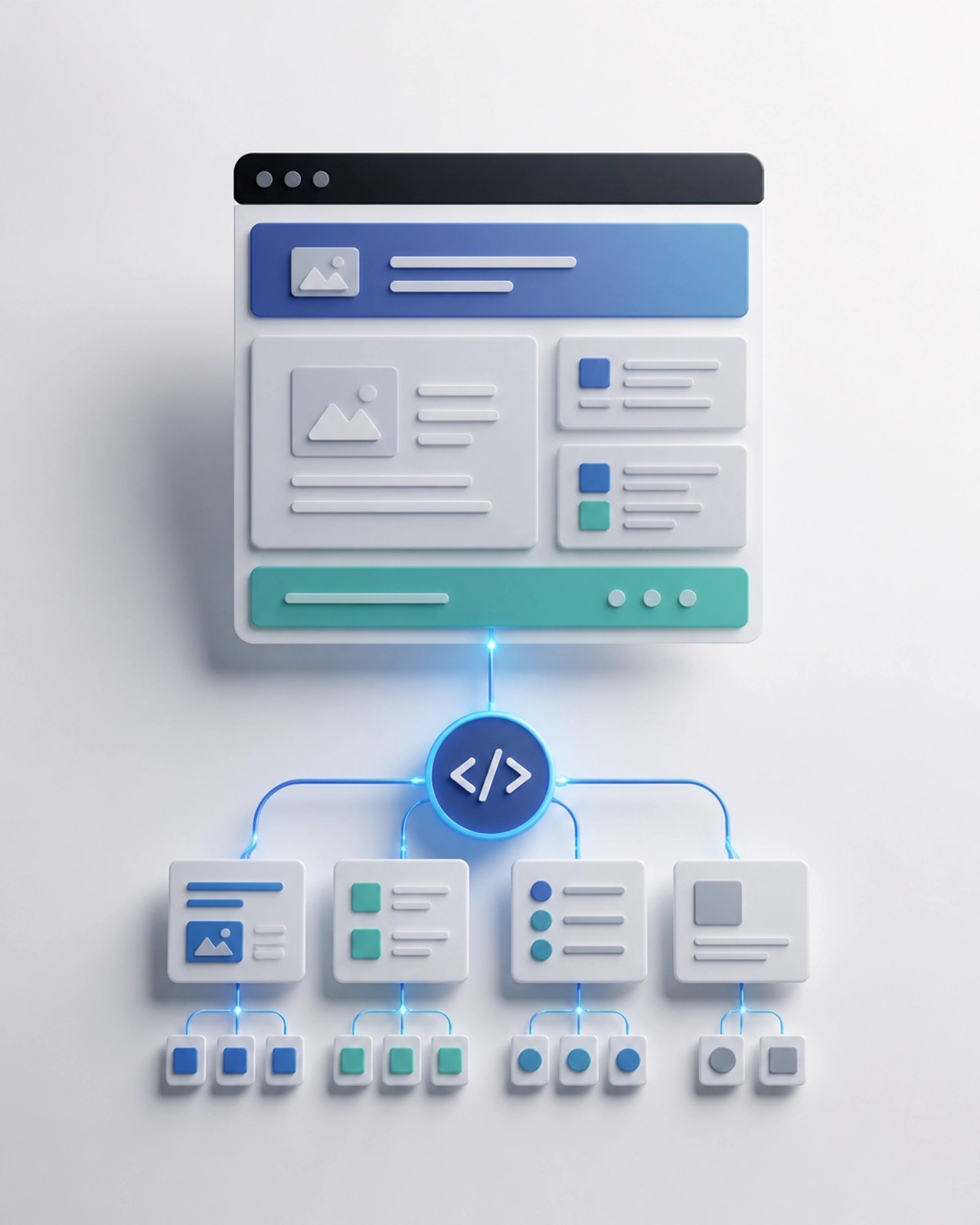A 3D illustration representing the logical hierarchy and semantic structure of a modern webpage.