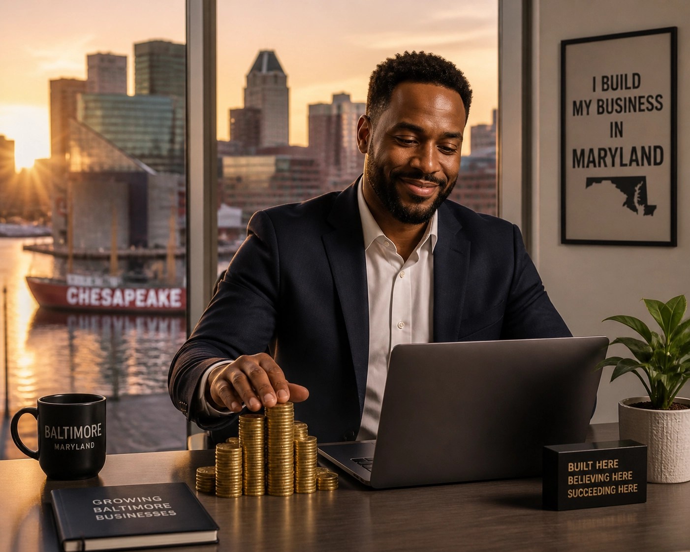 Confident Maryland business owner celebrating tax savings and increased profits in a Baltimore office.