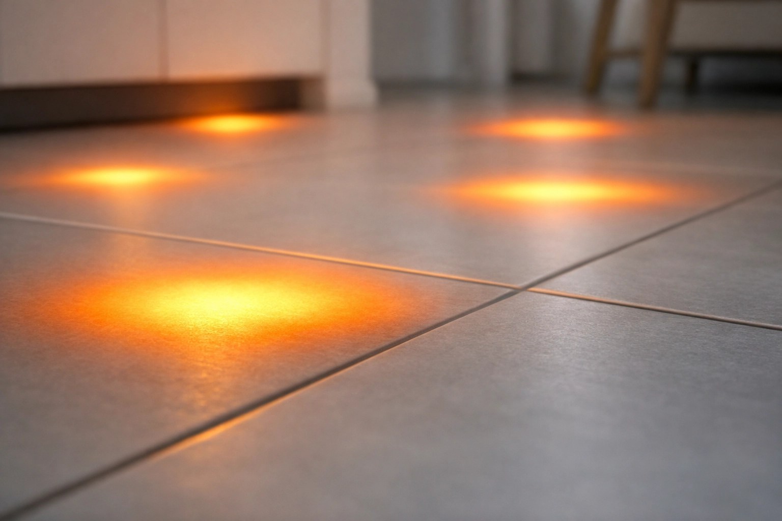 Warm spots on tile floor indicating hot water slab leak beneath foundation