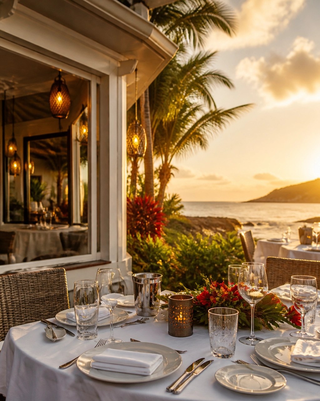 Elegant empty French-Caribbean dining terrace in Grand Case at sunset