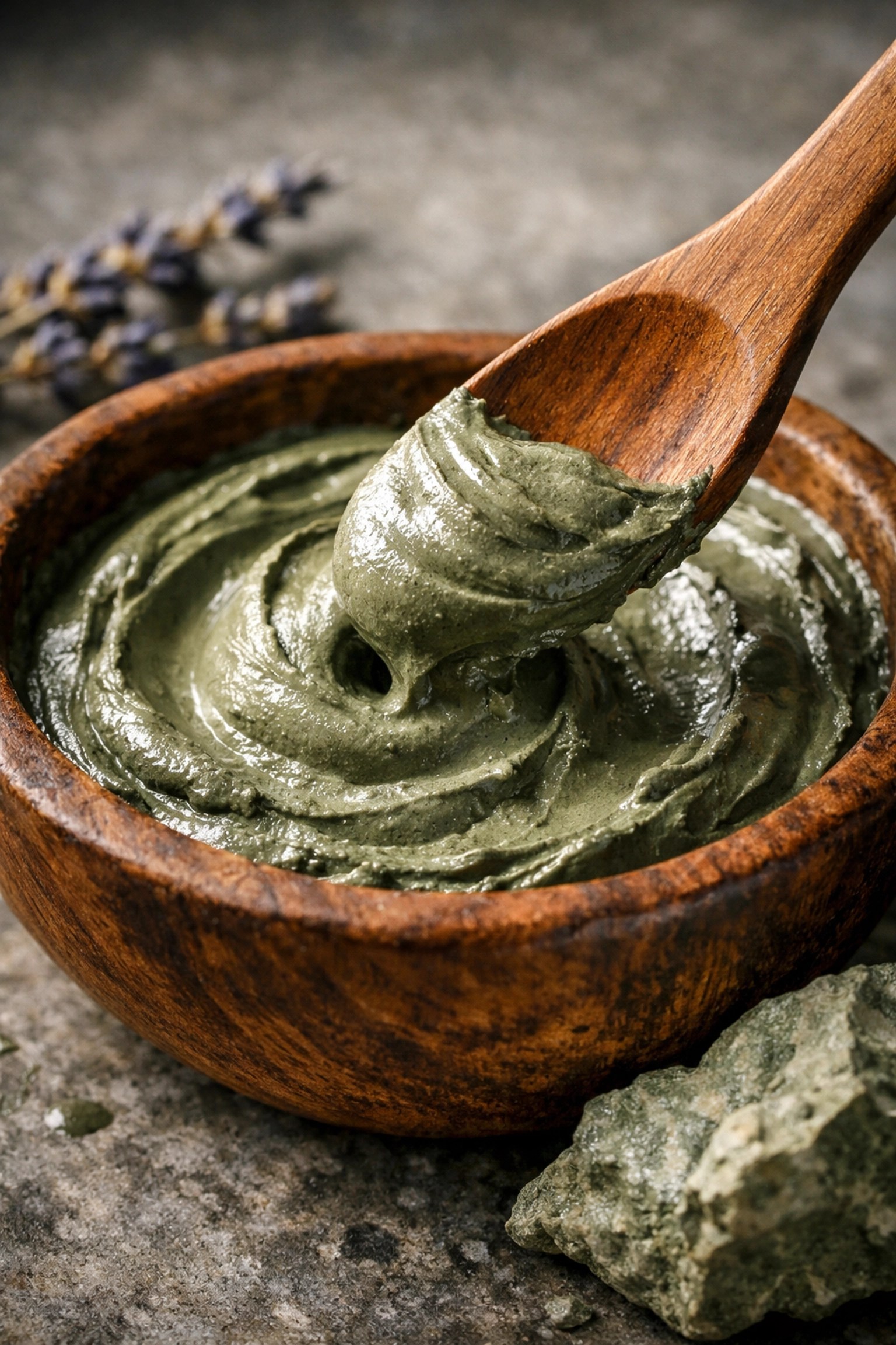 Rich, mineral-dense French green clay mixed in a bowl, perfect for a healing clay facial detox.