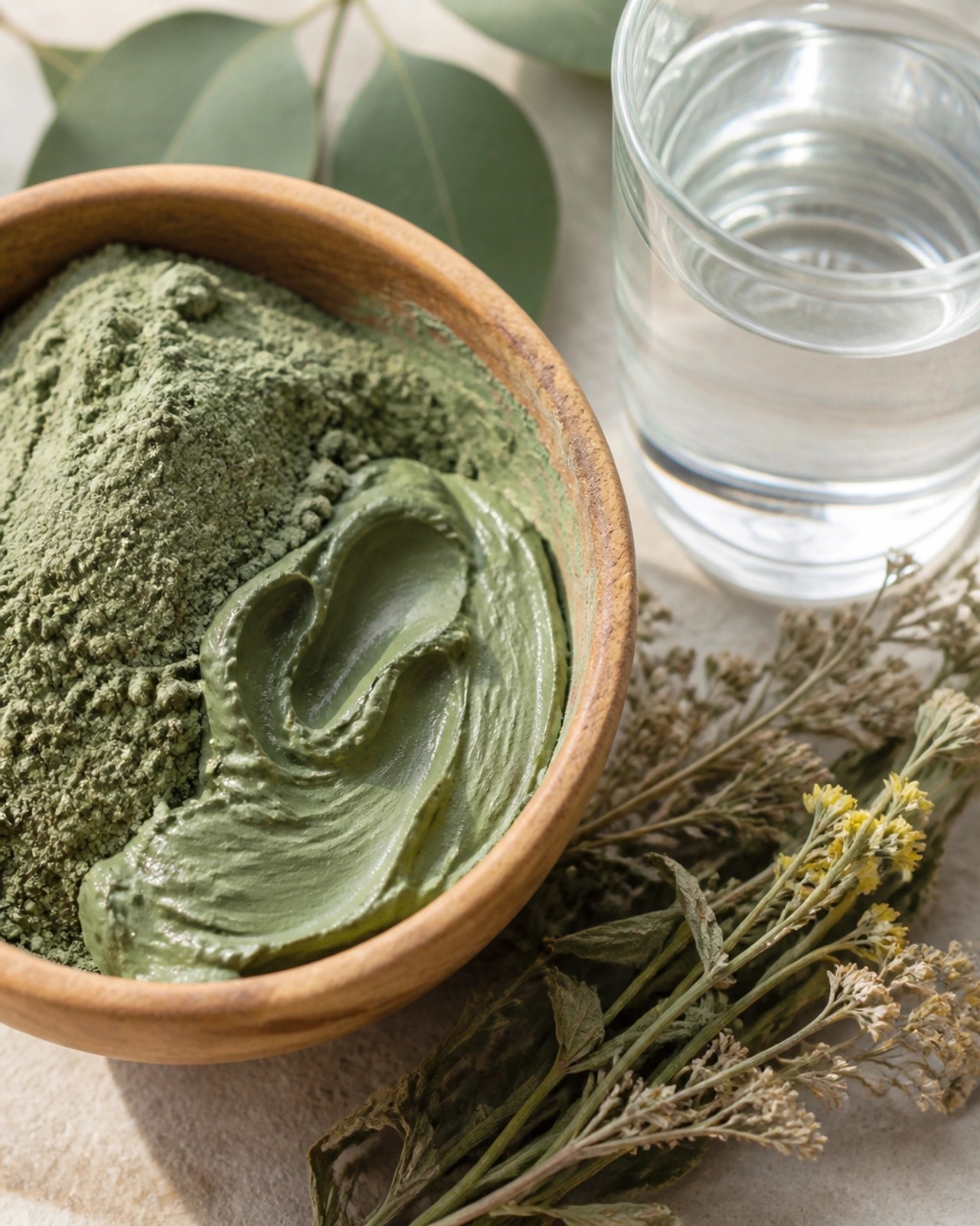 Close-up macro shot of French green clay powder and paste in a wooden bowl