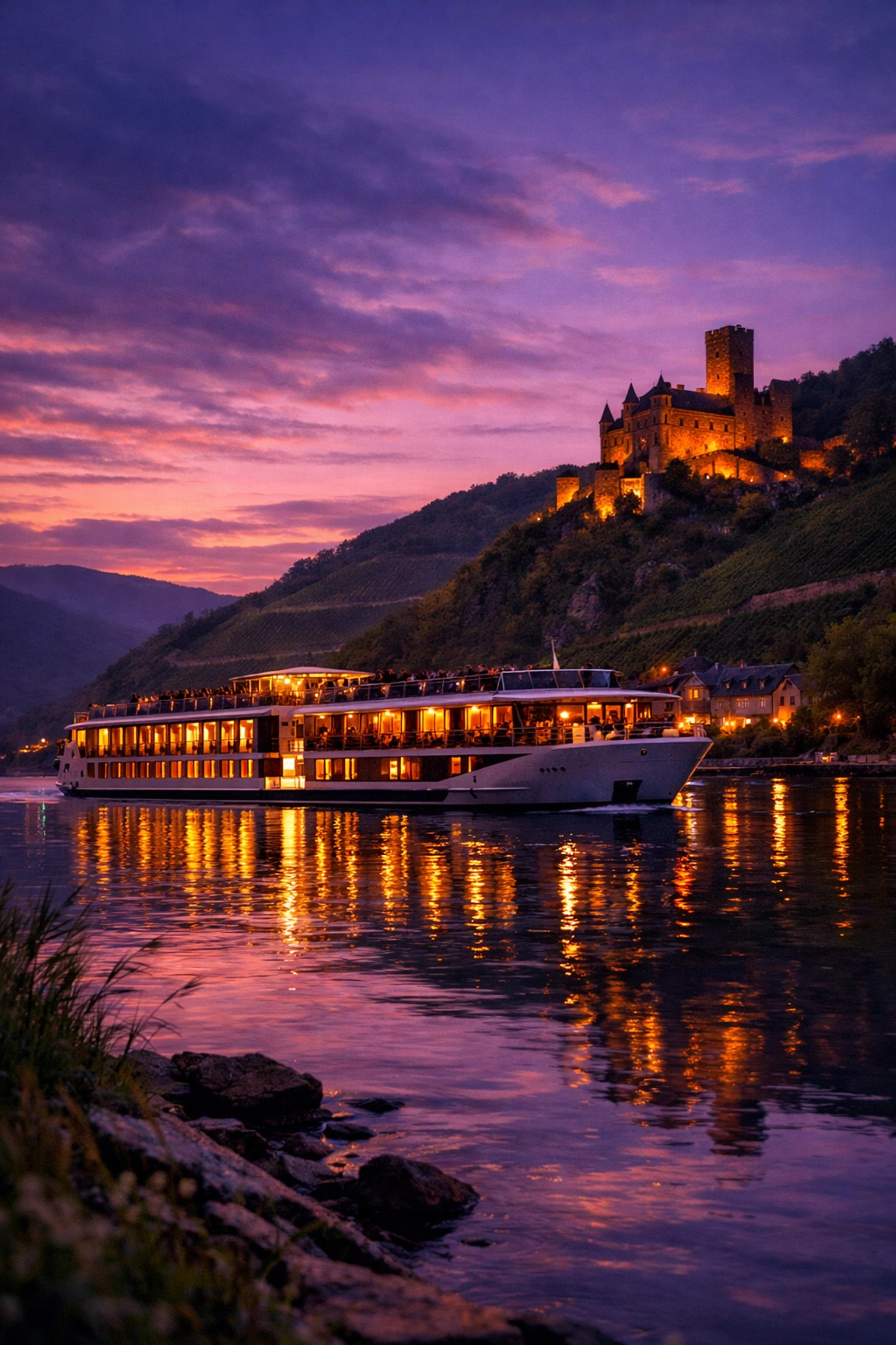 European river cruise ship sailing past medieval castle at sunset