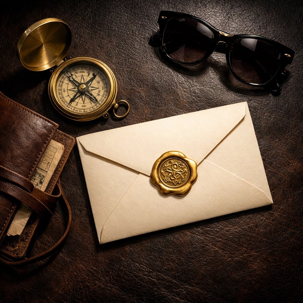 High-end travel essentials including a compass and a mysterious gold wax-sealed itinerary envelope.