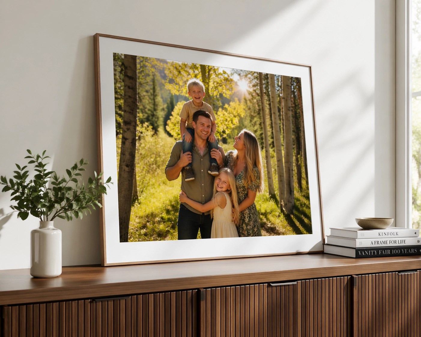 Professional framed family portrait print displayed on a modern sideboard for home decor.