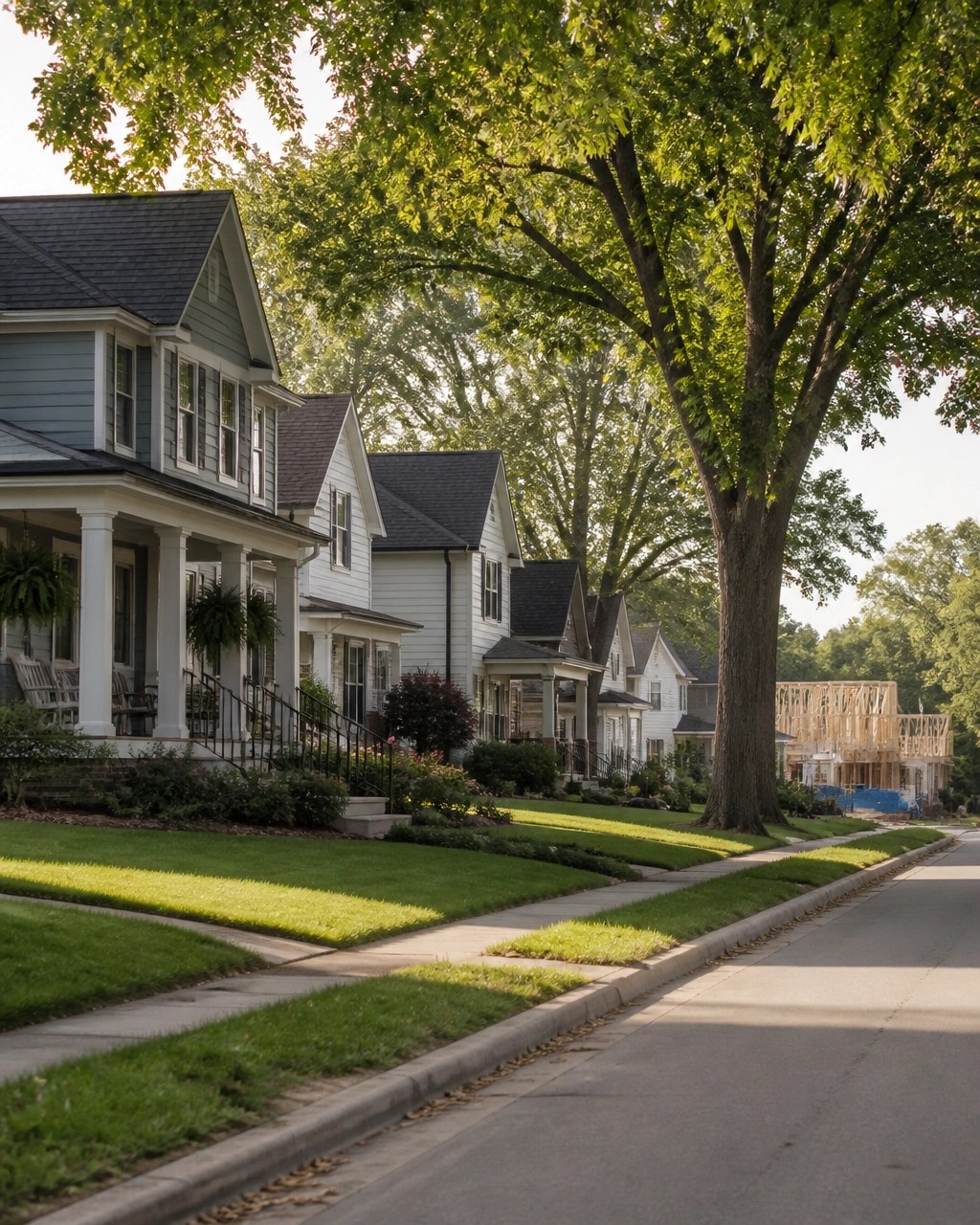 Greene County Ohio residential neighborhood with mature trees and new construction in the distance