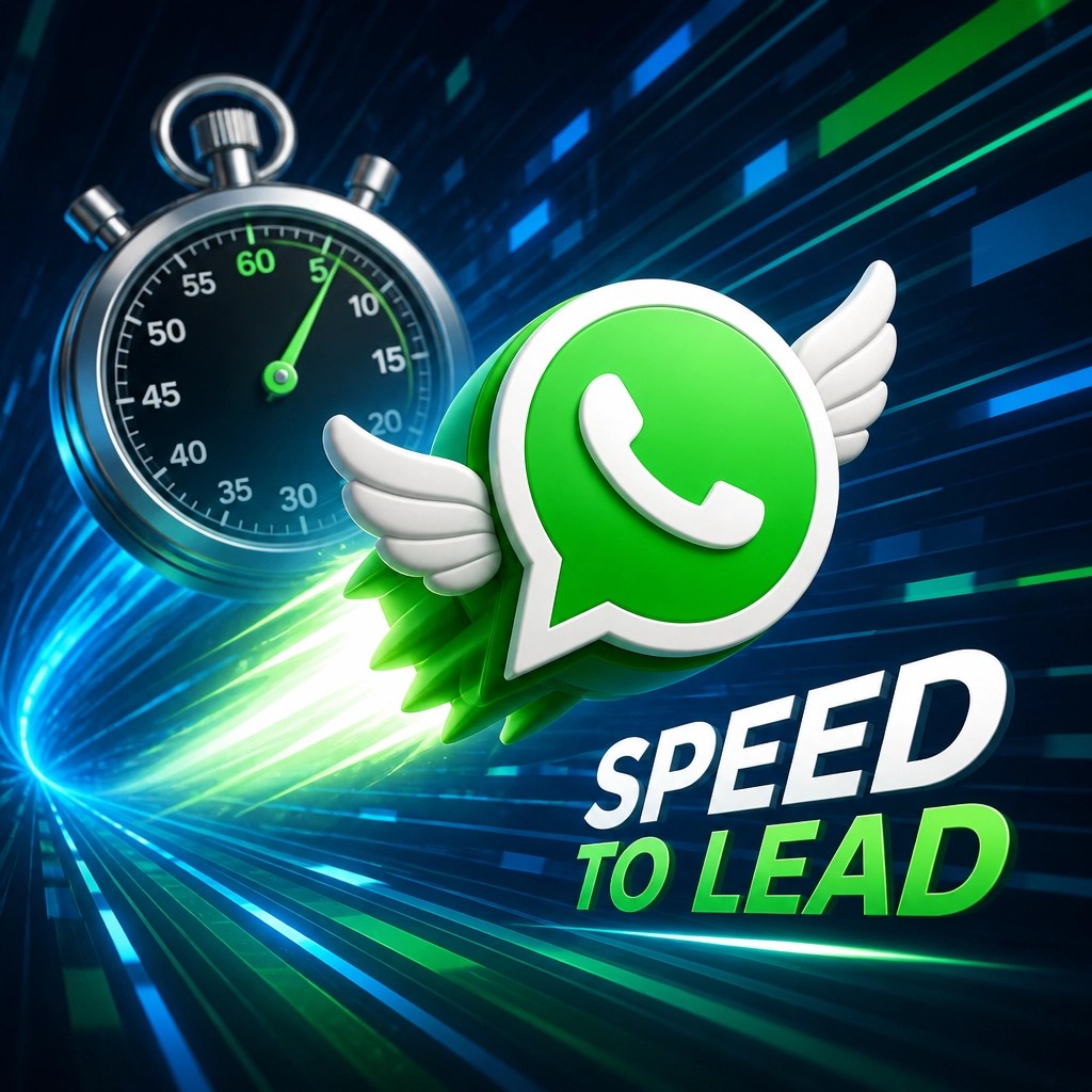 A fast-moving WhatsApp chat bubble with wings, flying past a ticking stopwatch to represent the importance of quick response times in lead conversion.
