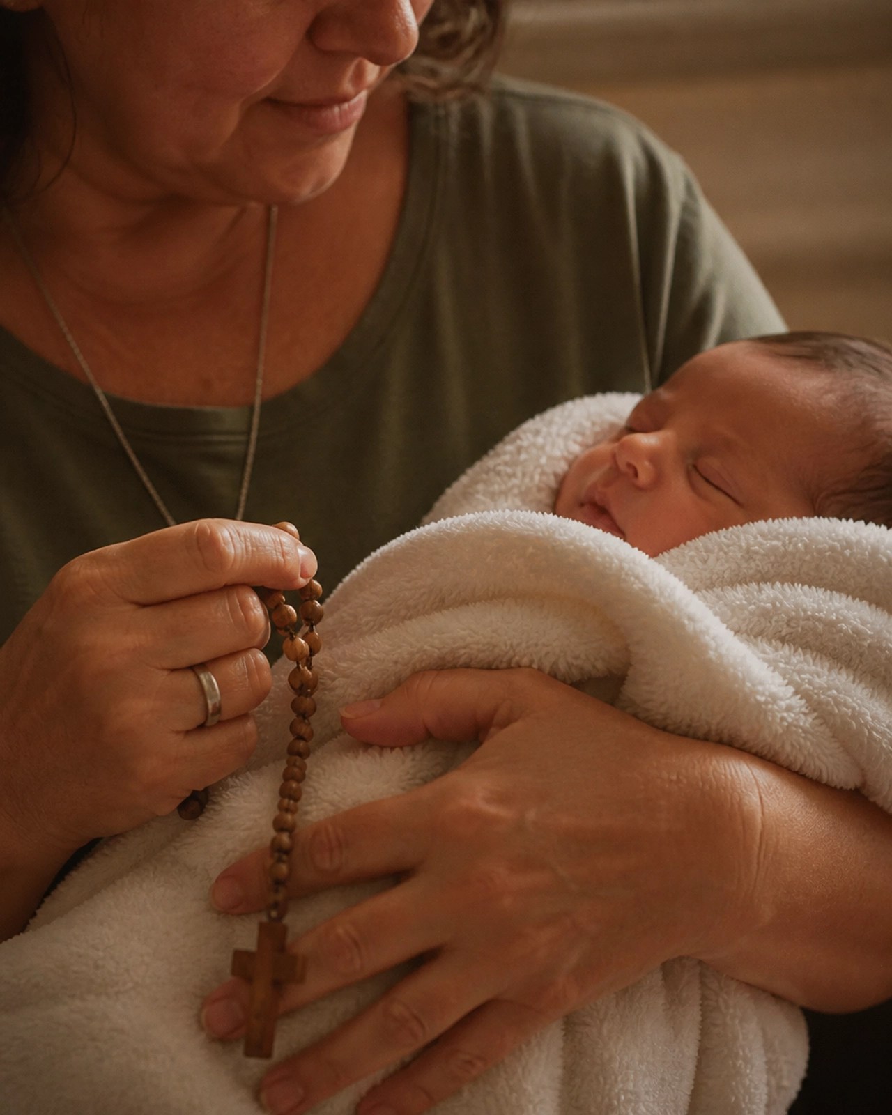 Manos de una madre sosteniendo a su bebé y un rosario de madera, simbolizando la unión de lo cotidiano con lo sagrado