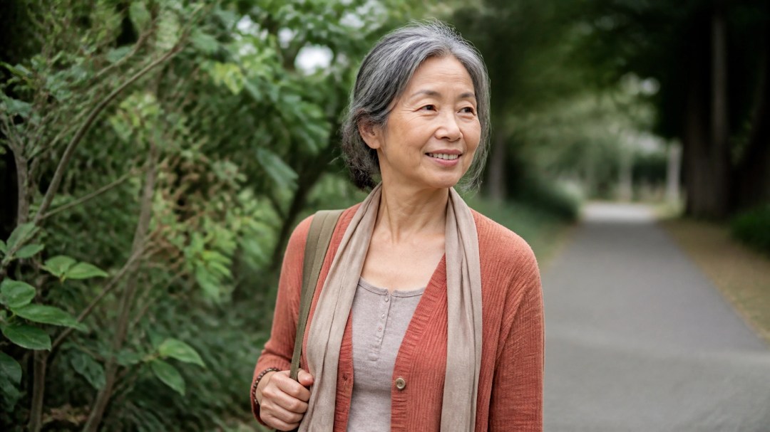 An East Asian woman in her late 60s walking outdoors with confidence and a relaxed expression
