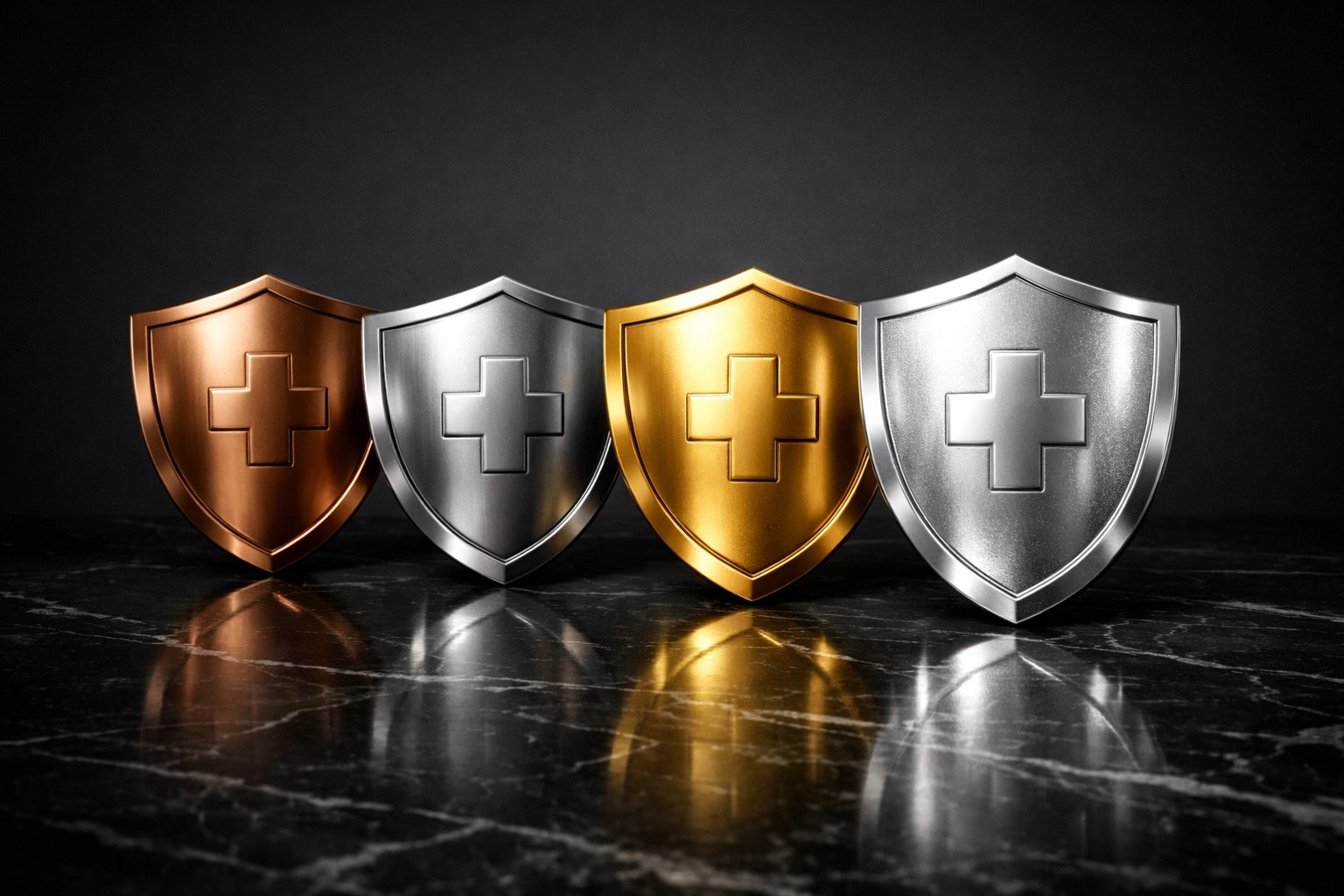 Bronze, silver, gold, and platinum shields representing different health insurance plan coverage levels.