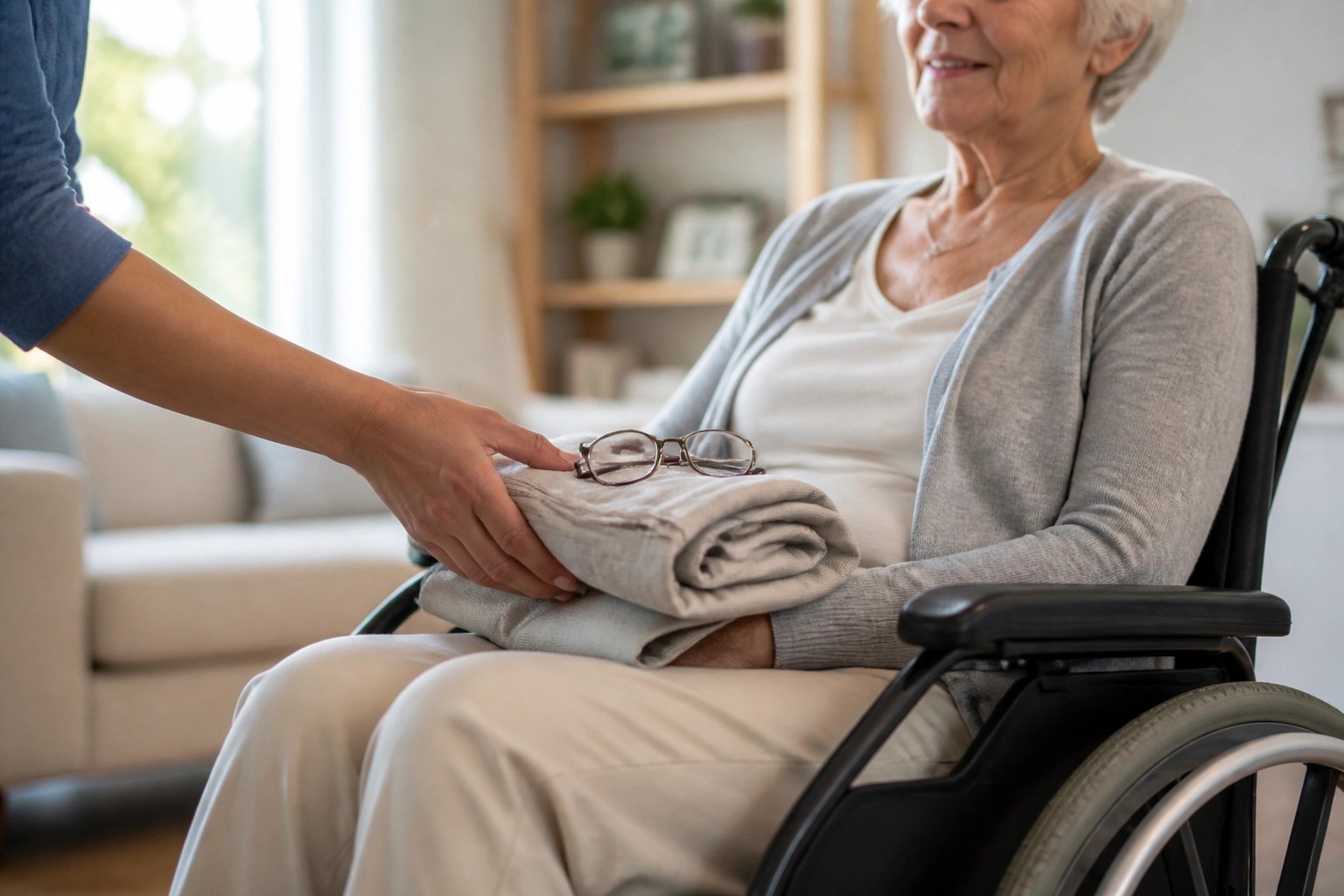 A caregiver helping a patient in a wheelchair prepare for a safe, scheduled medical transport ride.