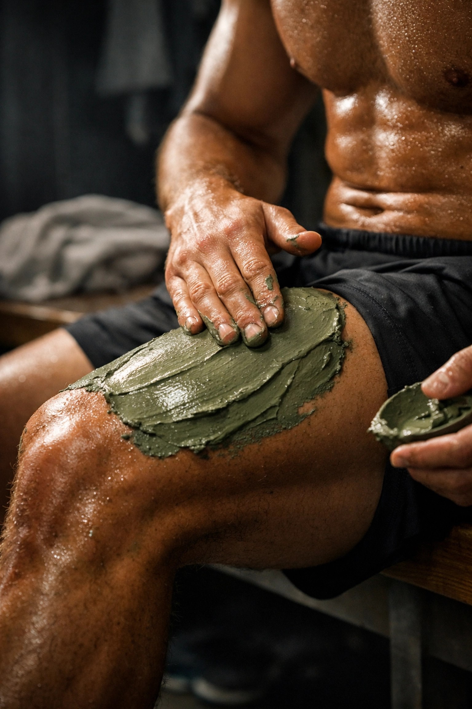 Professional football player applying green mineral clay to legs for post-game muscle recovery.