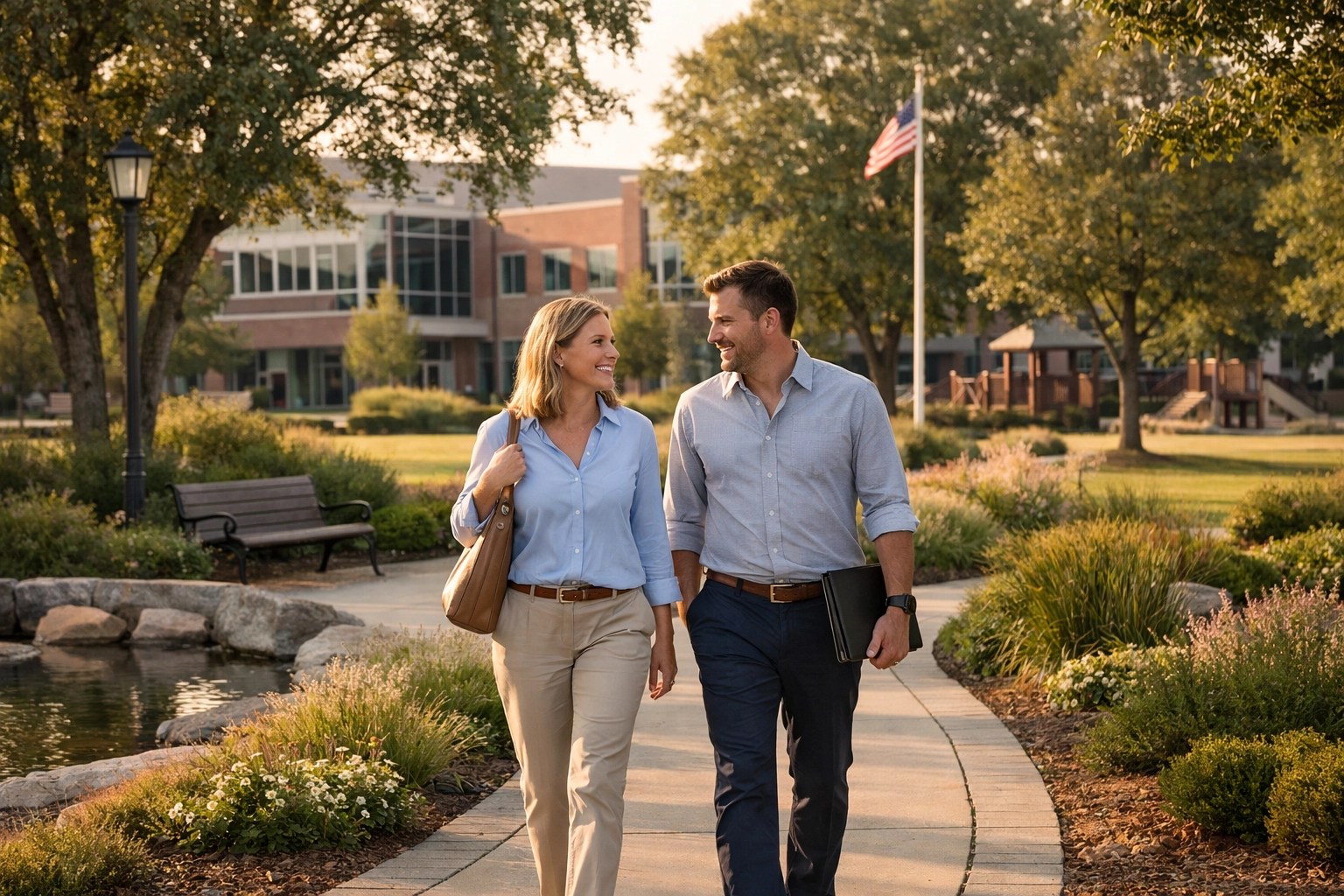 Professional couple in a Greene County park near local schools, highlighting top family neighborhoods.