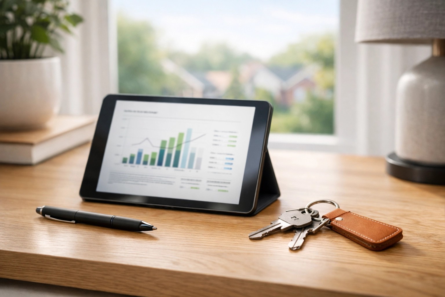 Strategic real estate investment planning in Montgomery County with market data and keys on a modern desk.