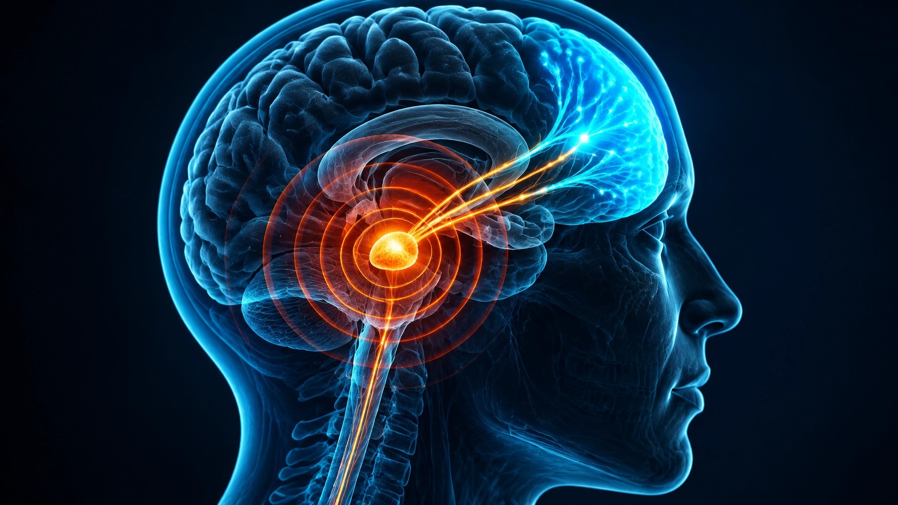 Translucent human head showing an amygdala threat signal fading through repeated exposure