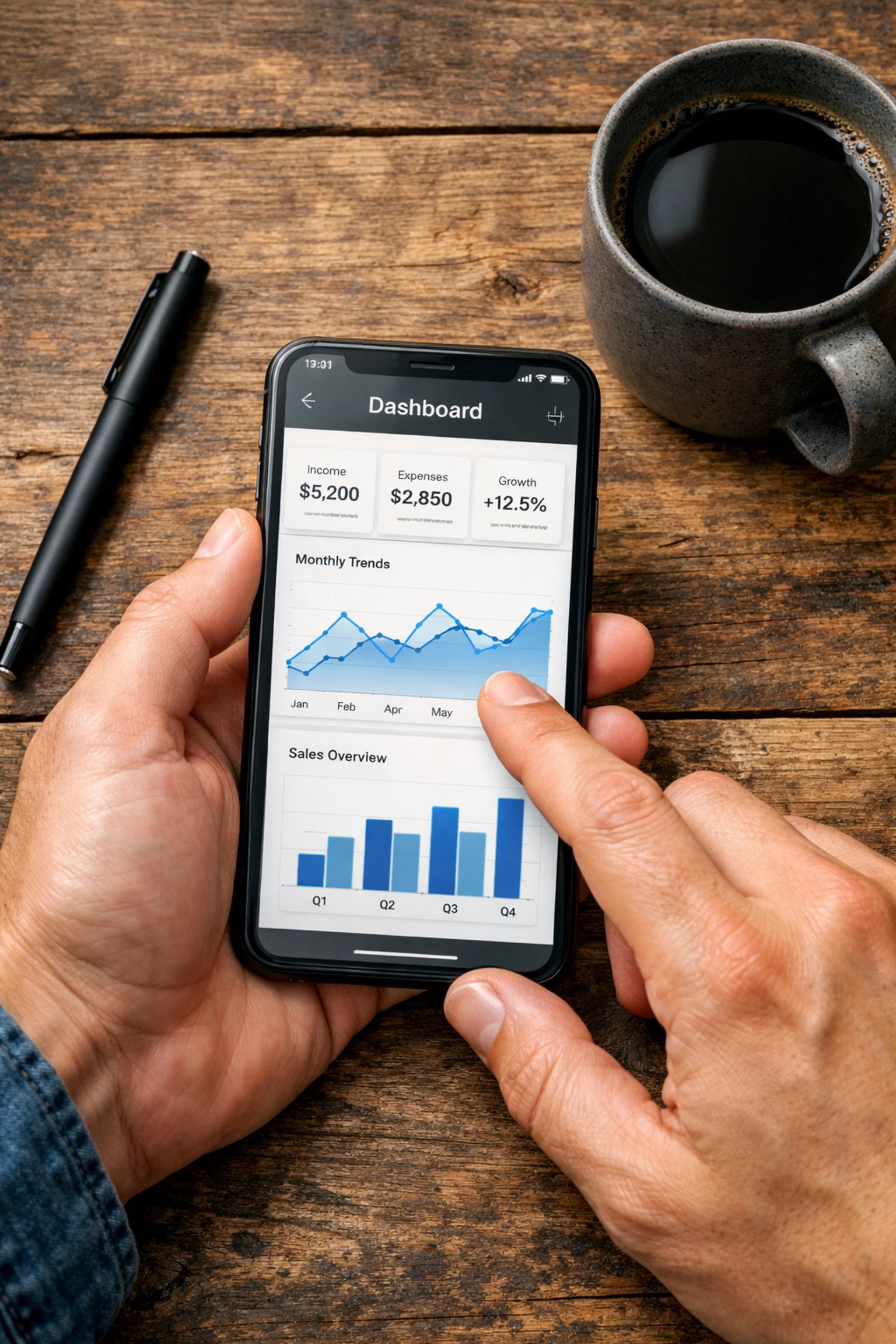 Business owner tracking finances via a data dashboard on a smartphone using AI automation.