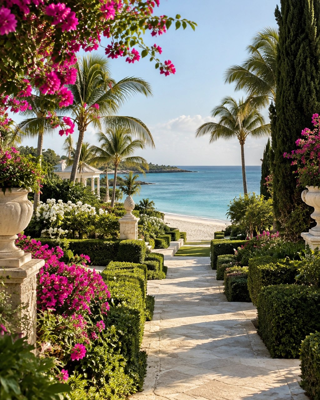 Serene Bahamas resort gardens leading to a quiet white-sand beach