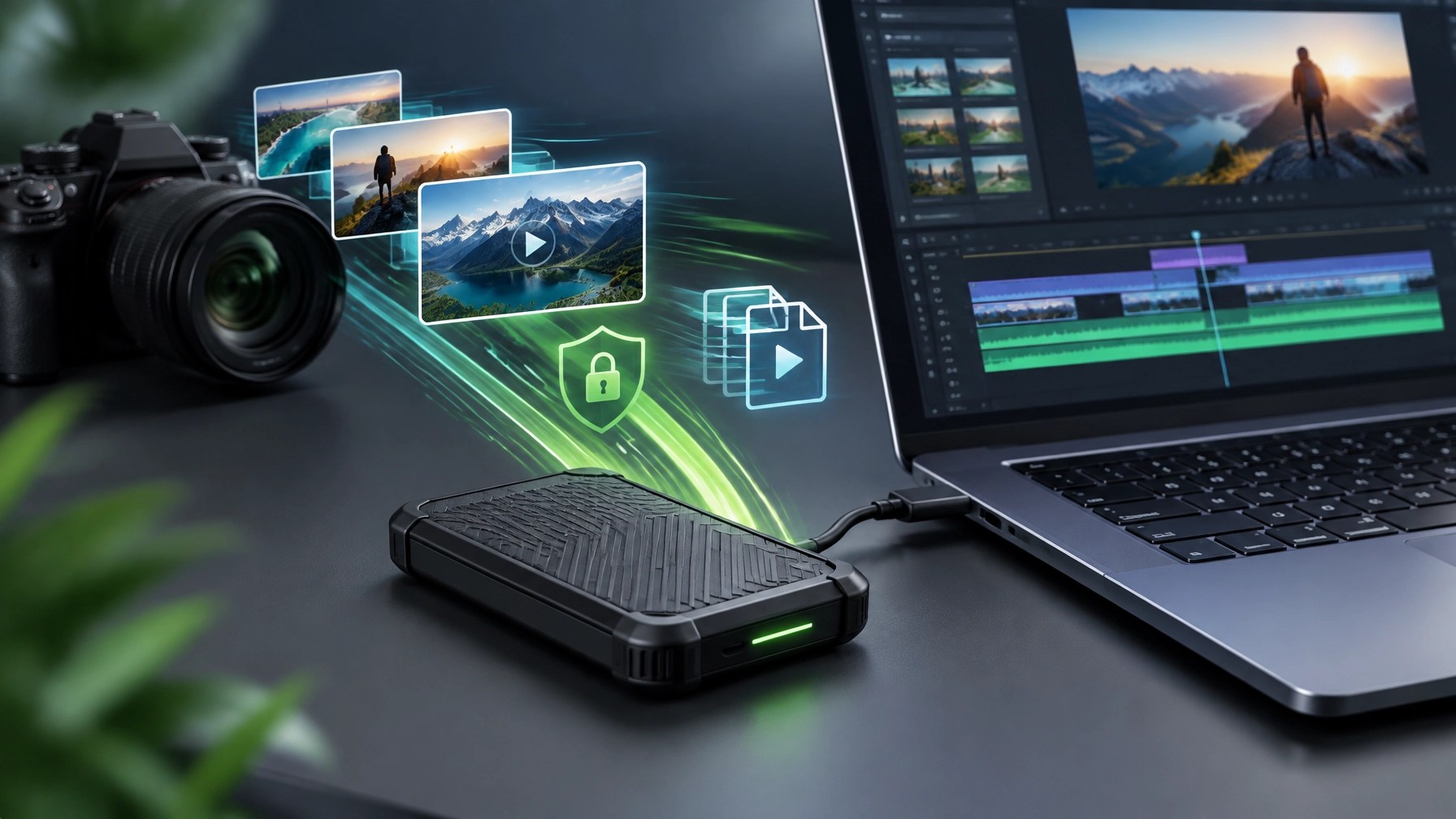 A portable SSD beside a laptop and camera, representing fast file transfers for video creators