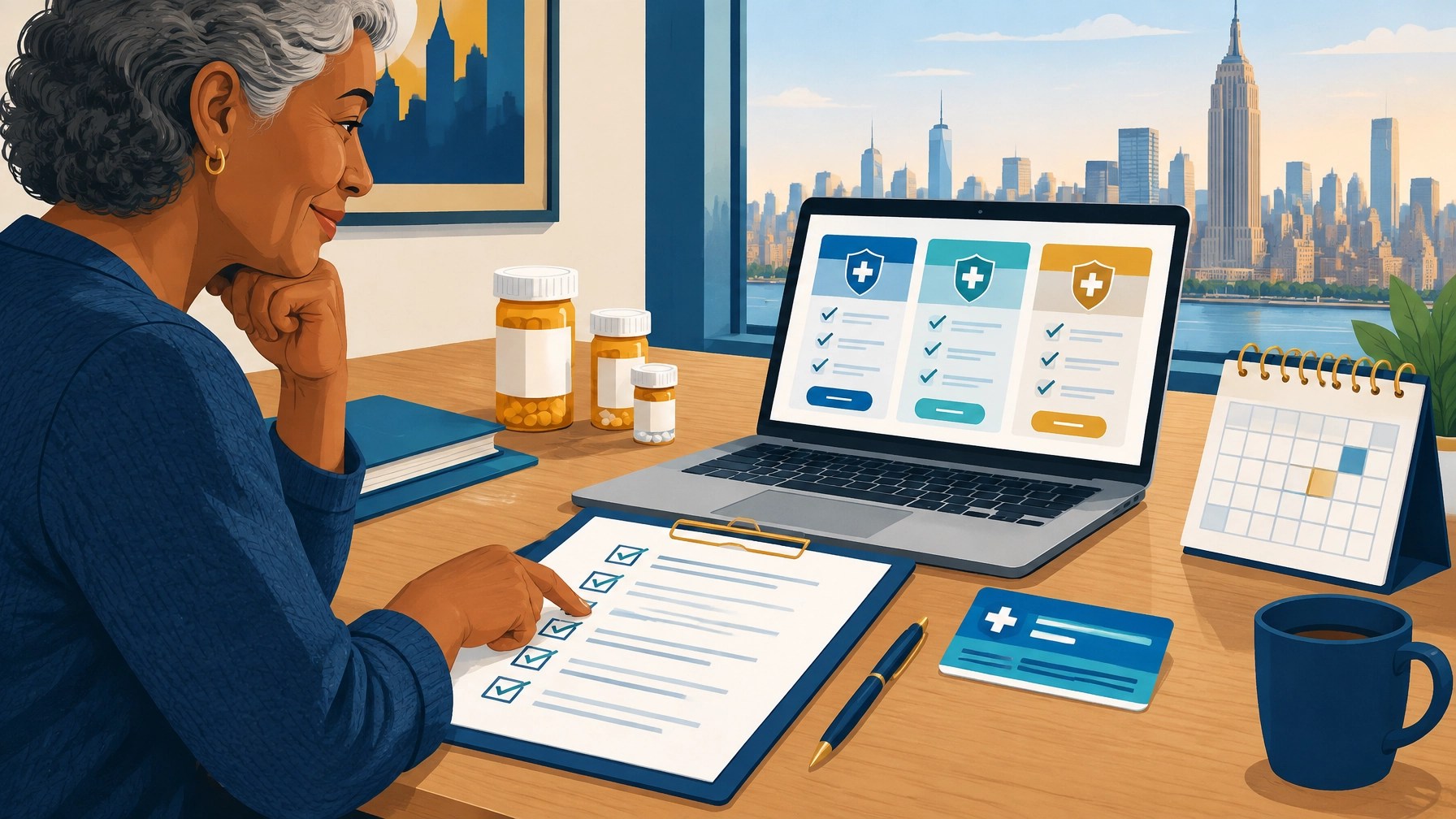 New York resident preparing for open enrollment with a plan checklist, prescriptions, and calendar