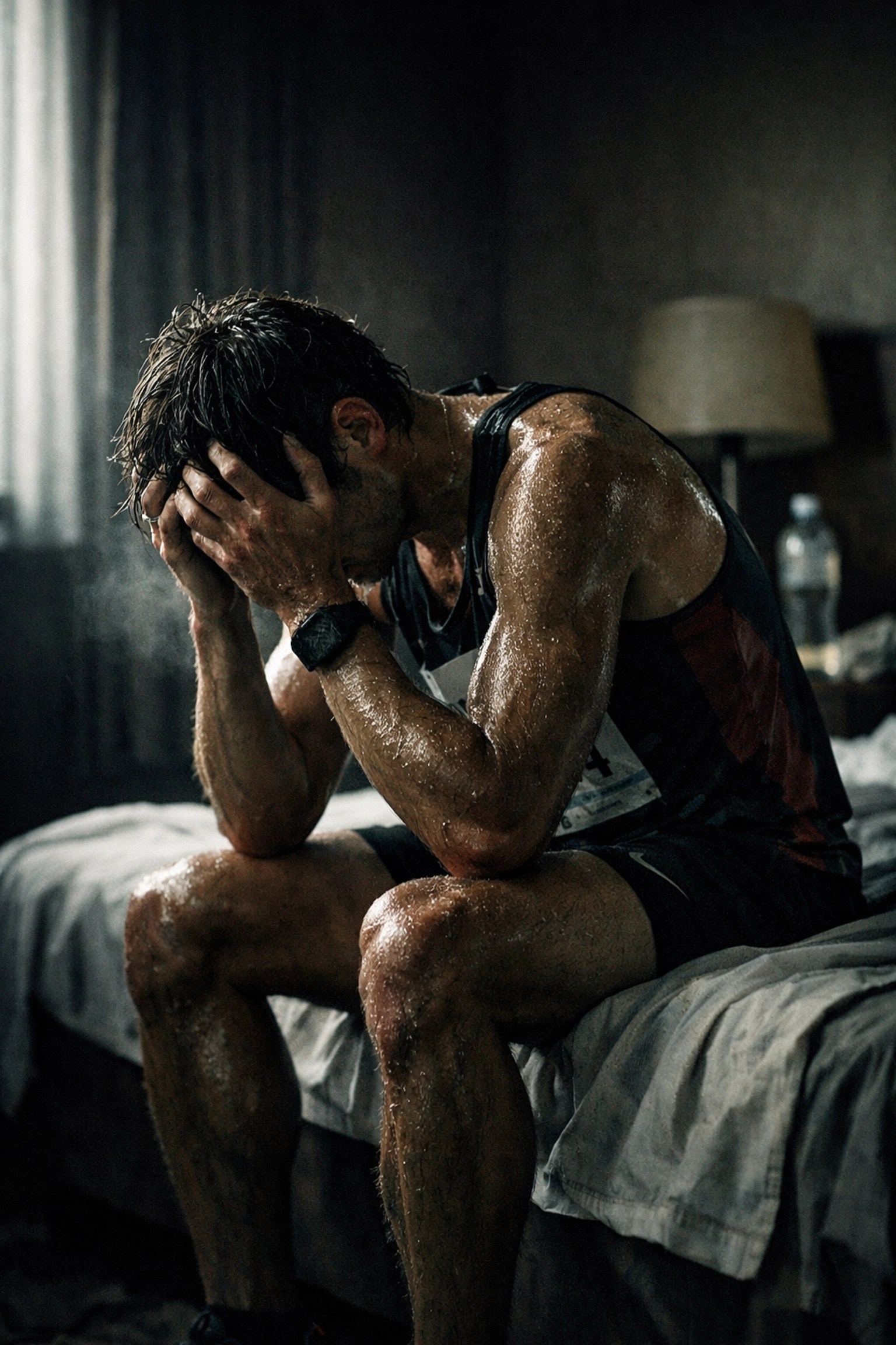 Exhausted professional runner showing the physical demand for continuous athletic recovery tools.