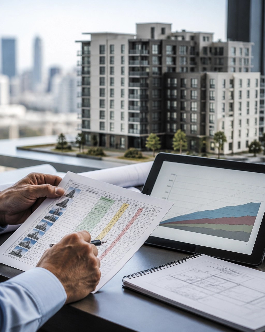 Engineer reviewing reserve funding scenarios and building component condition data