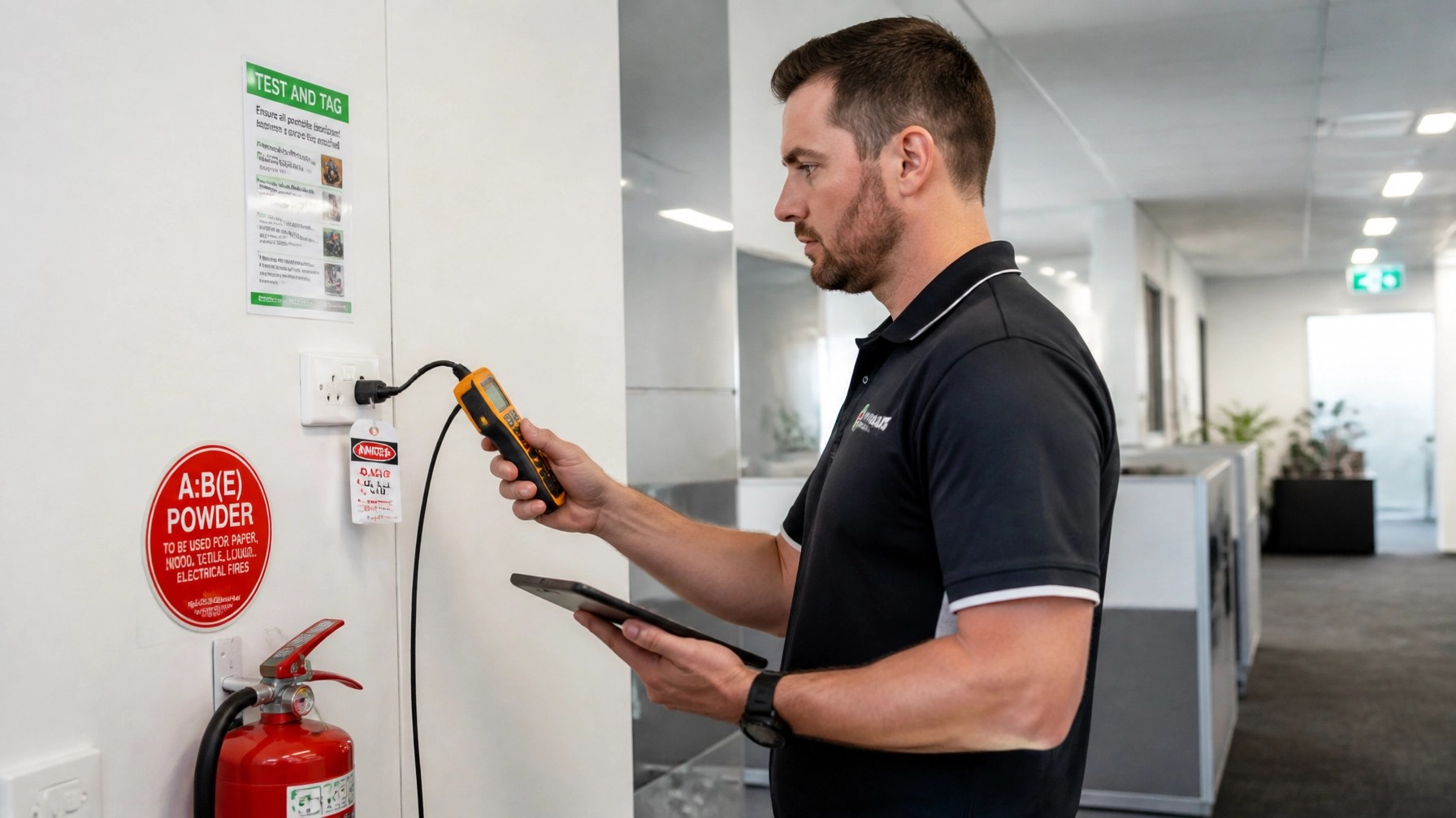 Professional safety technician conducting electrical test and tag and fire compliance checks in a commercial office in Brisbane