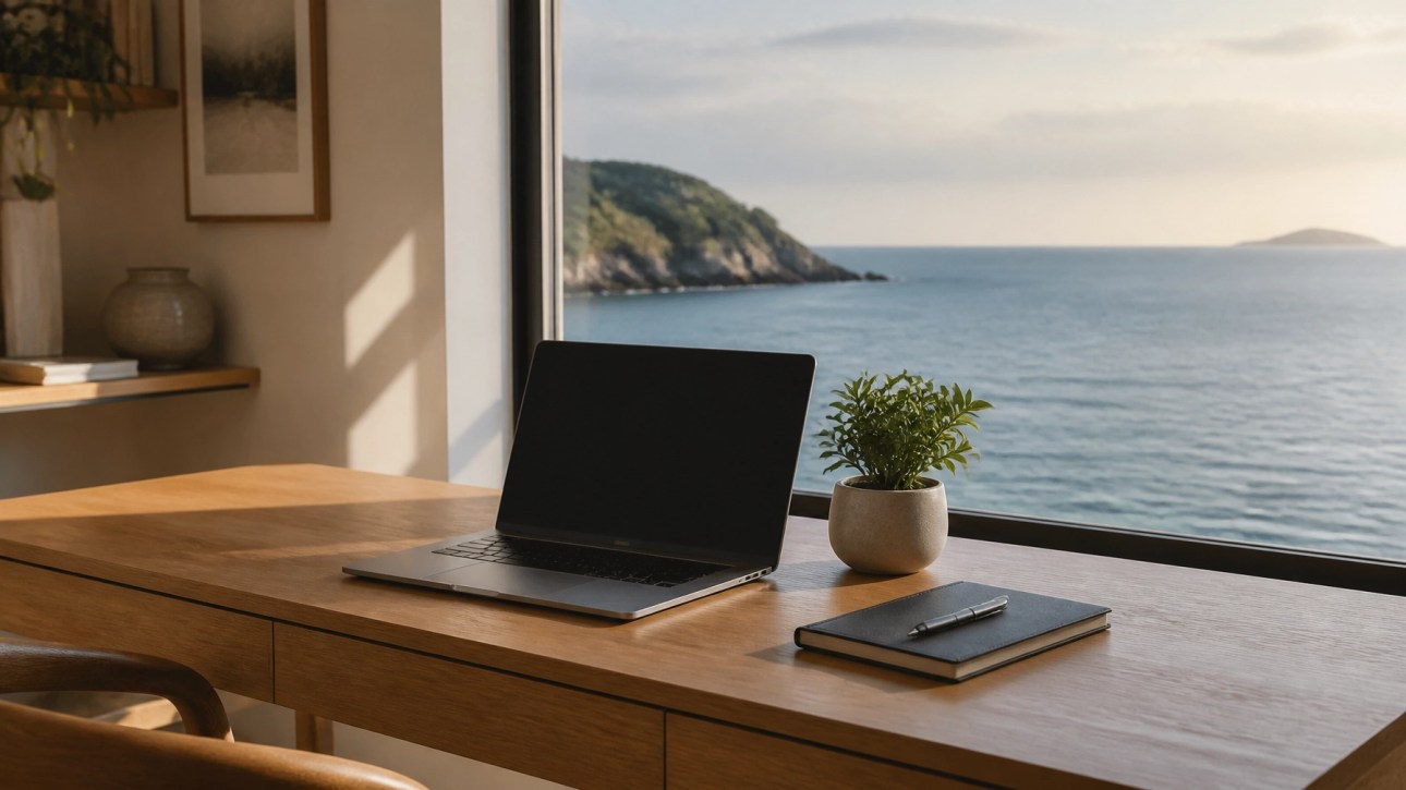 Ein minimalistischer Schreibtisch mit Blick auf das ruhige Meer
