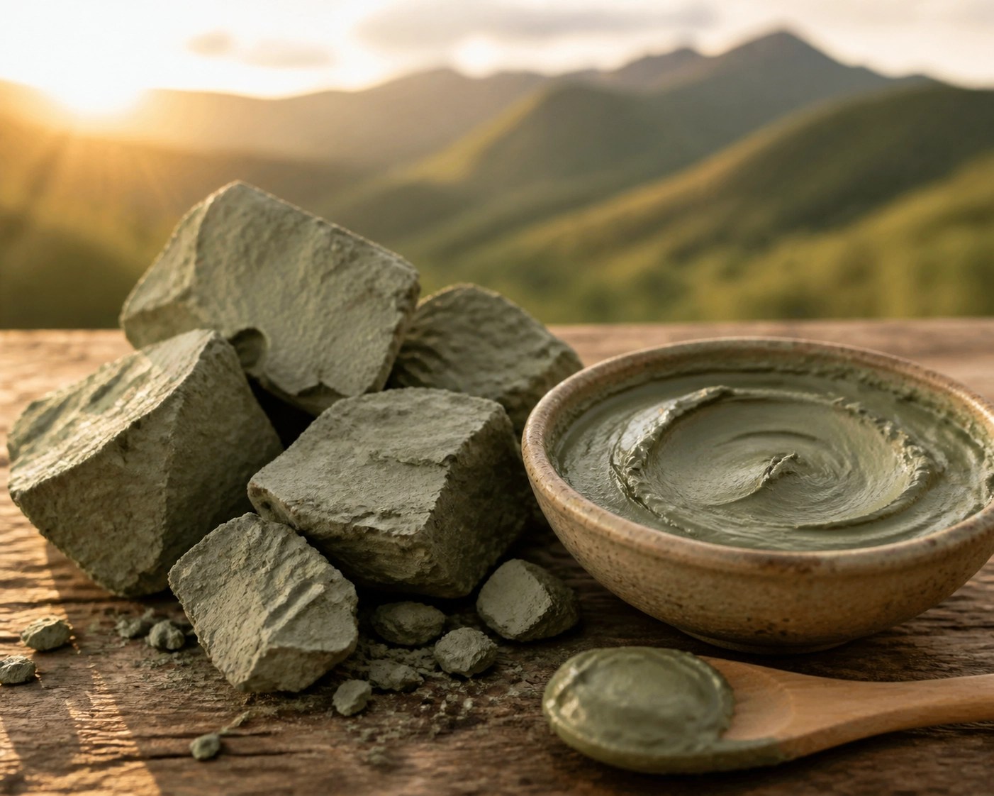 Raw chunks and smooth paste of pure French green clay for natural detox and skin health.