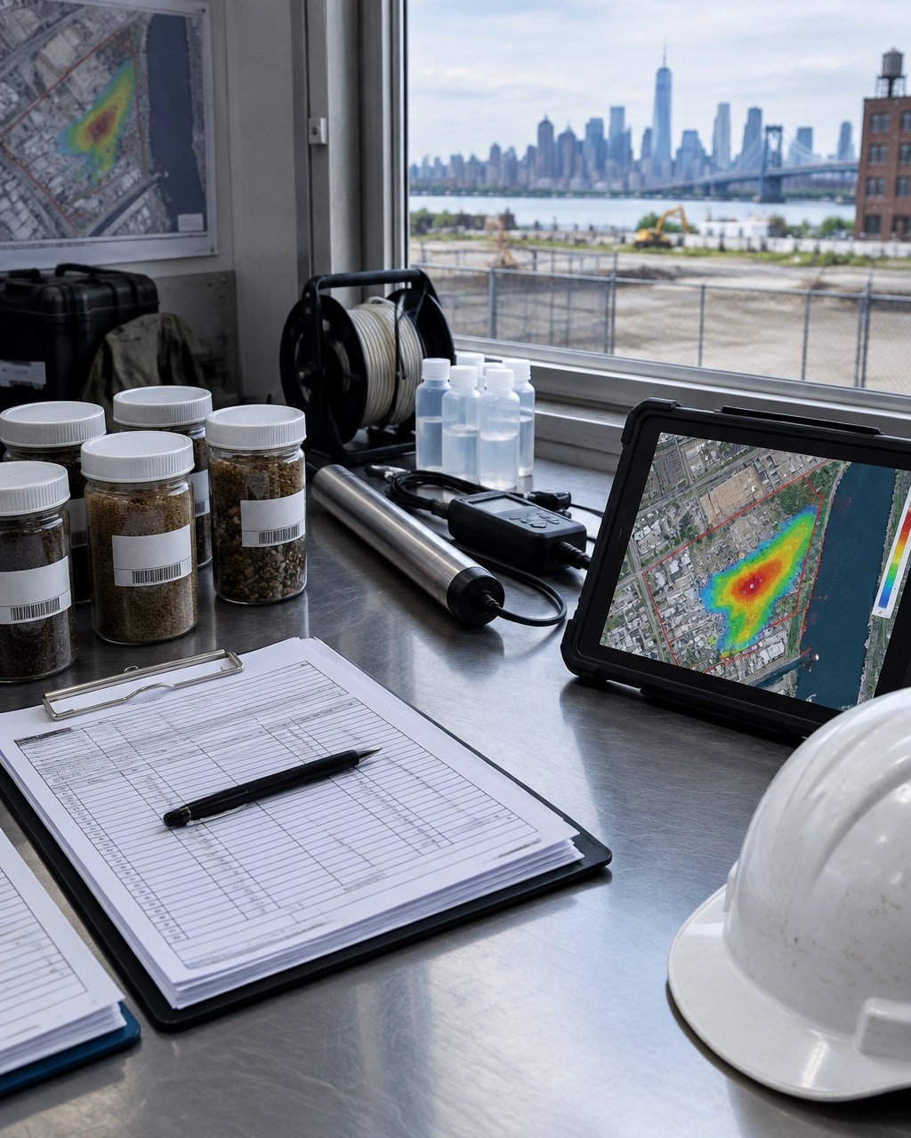 Environmental evidence package with soil sample jars, groundwater sampling equipment, chain-of-custody records, and a GIS contamination map on a New York brownfield project workstation