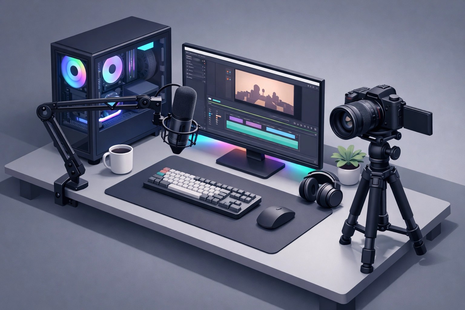 Modern content creator desk setup with high-performance hardware for professional video production.