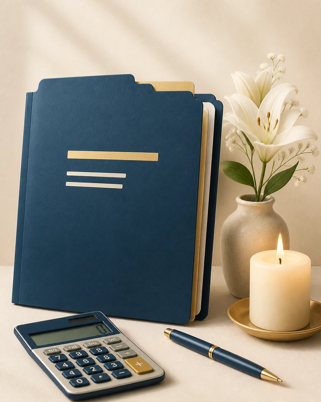 Final expense planning folder, calculator, and candle representing organized financial protection