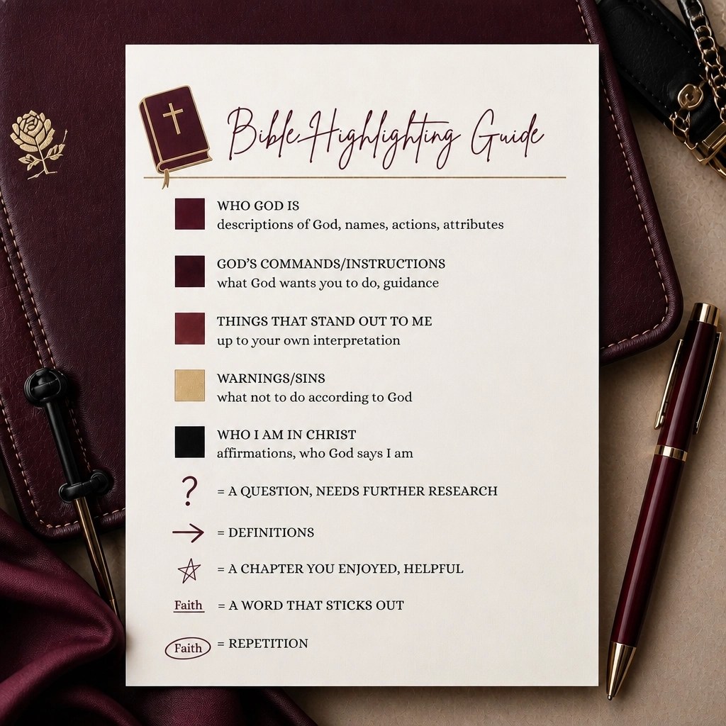 Bible study highlighting guide beside a journal for Scripture reflection