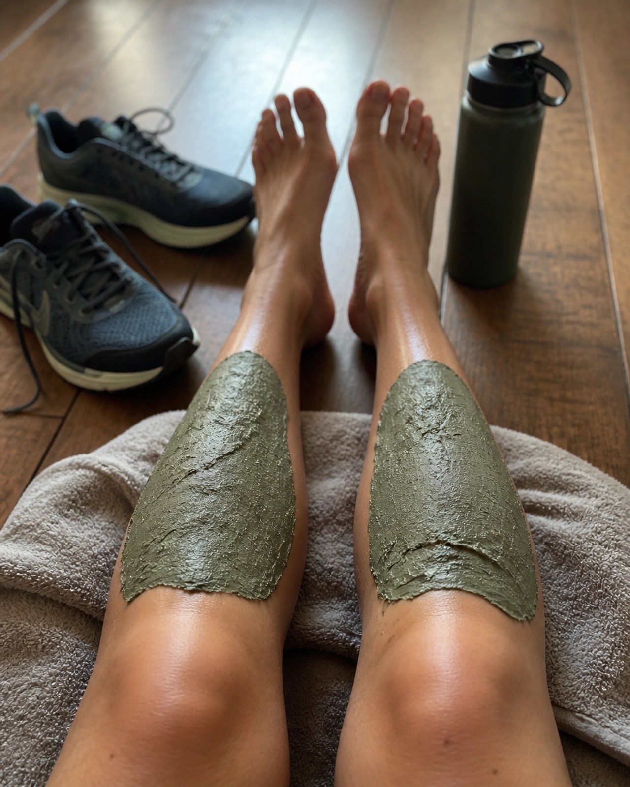 Athlete's legs with green clay applied to the shins for recovery.