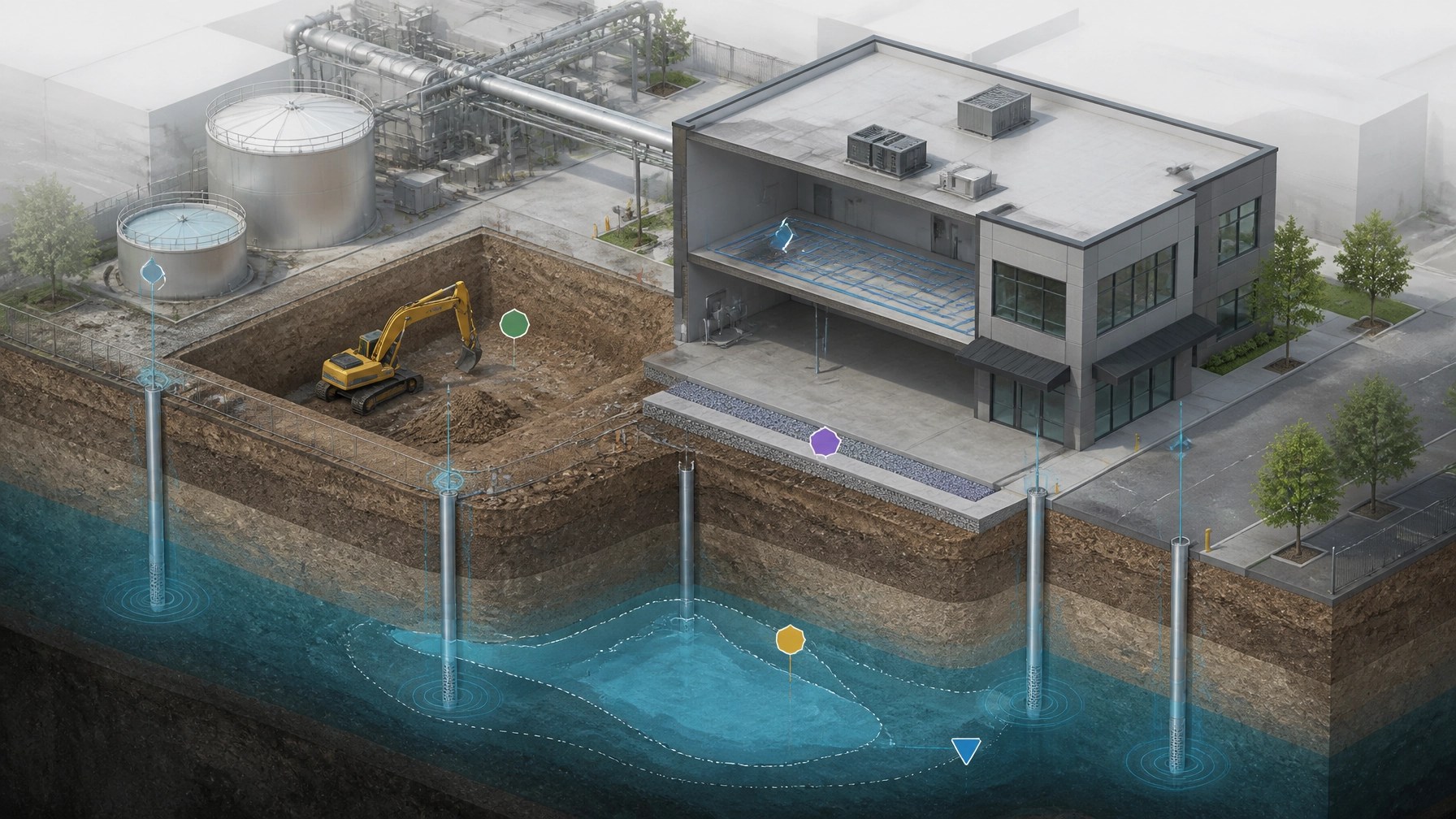 Technical cutaway illustration of a New Jersey brownfield remediation lifecycle with soil cap, groundwater monitoring wells, plume contours, and vapor mitigation