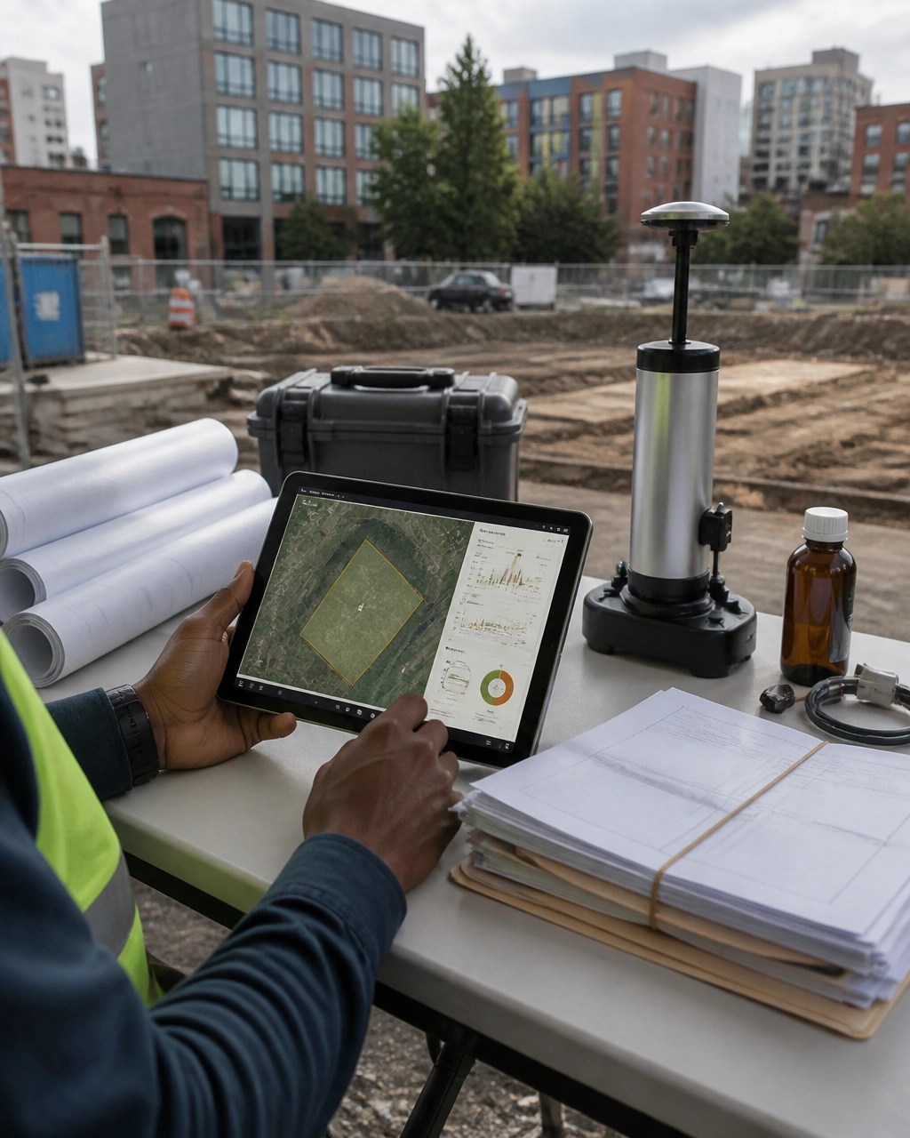 Environmental closeout team reviewing a digital parcel map and compliance dashboard