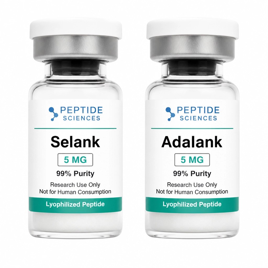 Realistic product photography of two identical clinical peptide glass vials side-by-side on a pure white background. One is labeled 'Selank' and the other 'Adalank'.