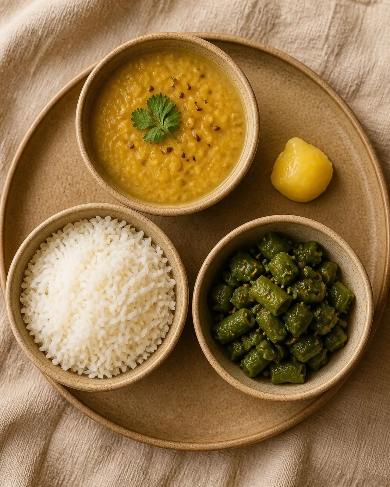 A balanced sattvic meal featuring grains, legumes, and vegetables, designed to nourish all three doshas.