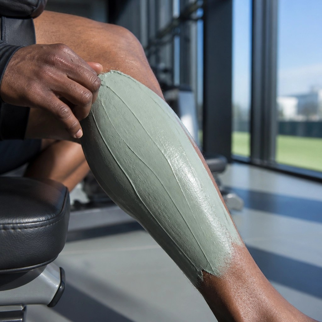 A close-up of French Green Clay applied to an athlete's calf for recovery